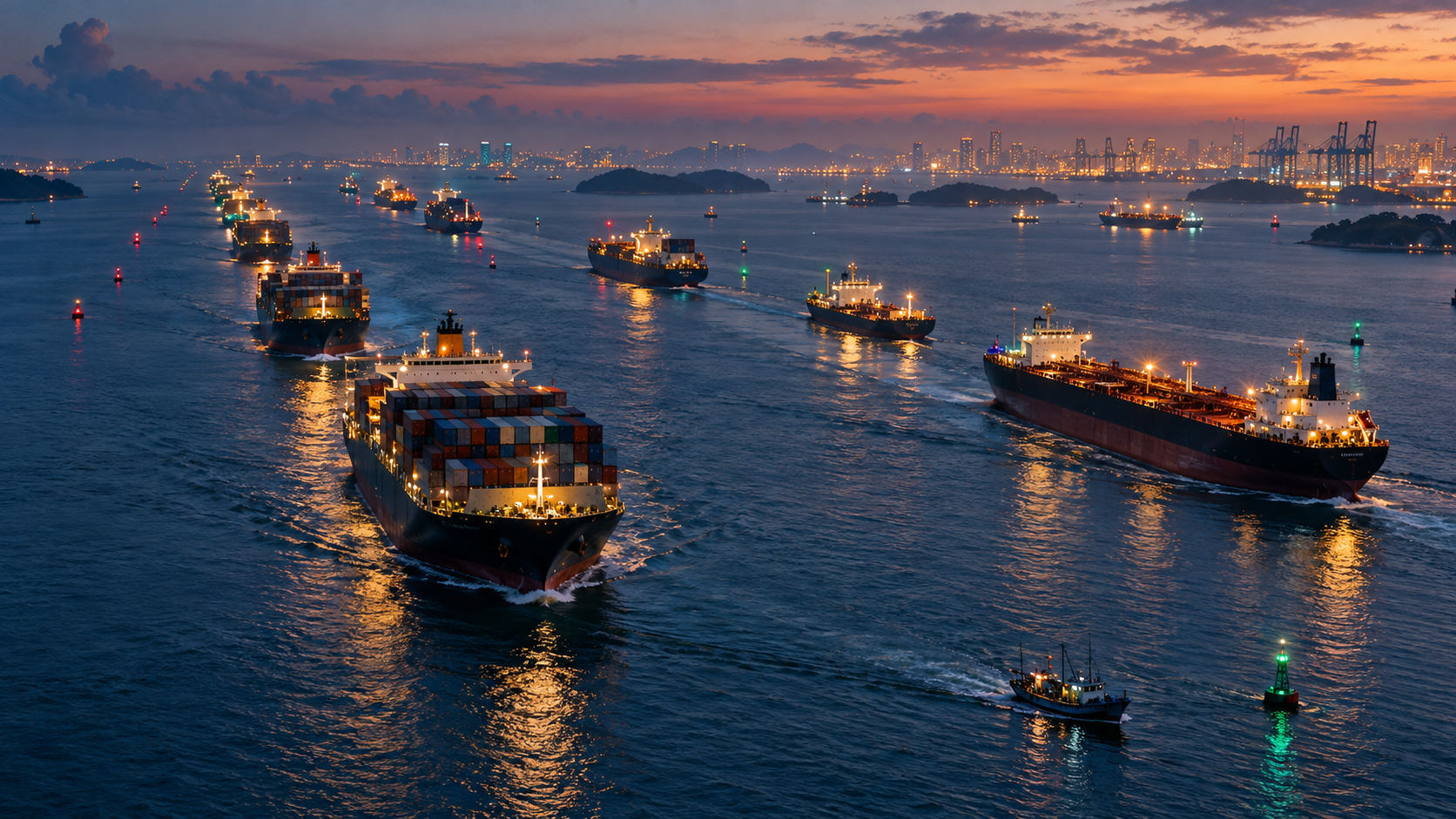 Ships in a traffic separation scheme at night