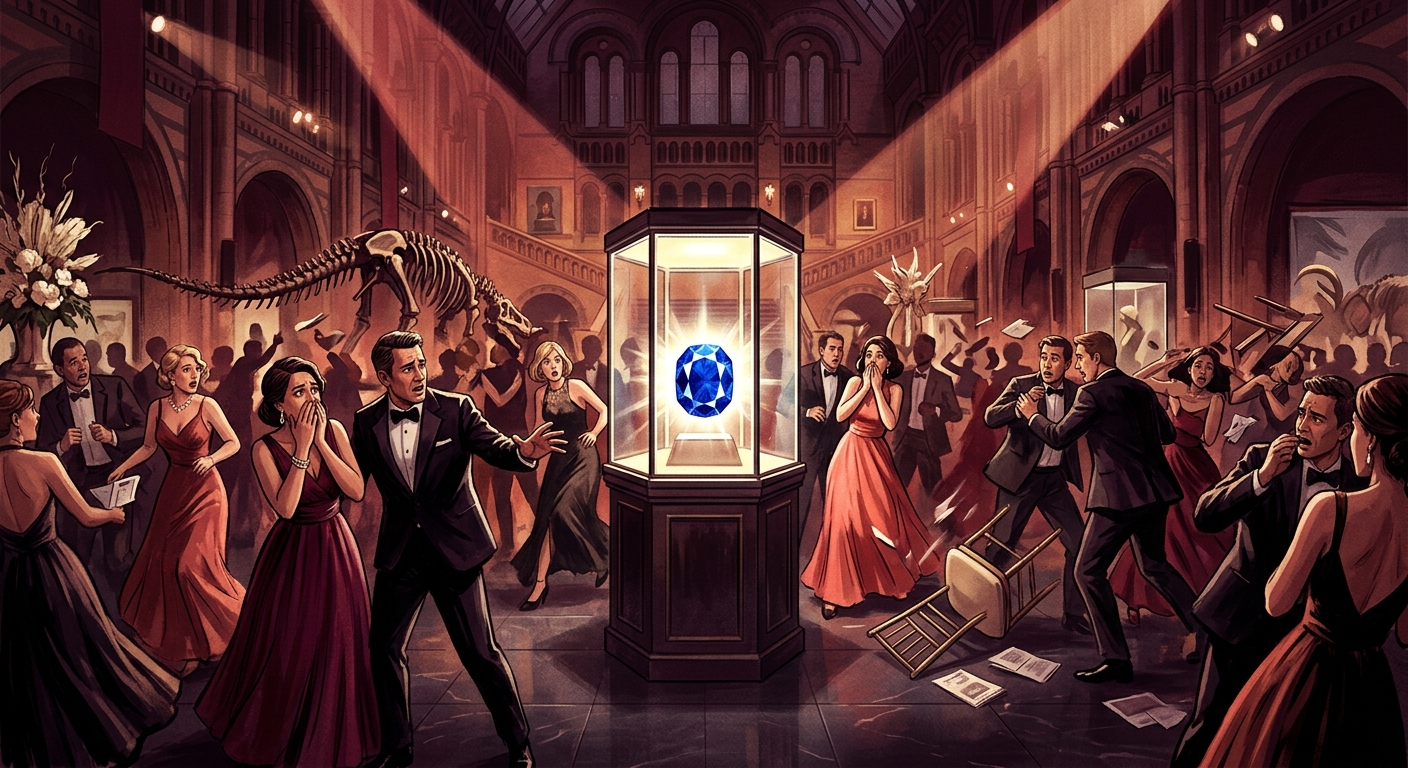 Dramatic museum gala at night, a glowing sapphire gemstone in a glass case, chaos and shocked guests in evening dress, warm bordeaux and terracotta spotlight, editorial illustration