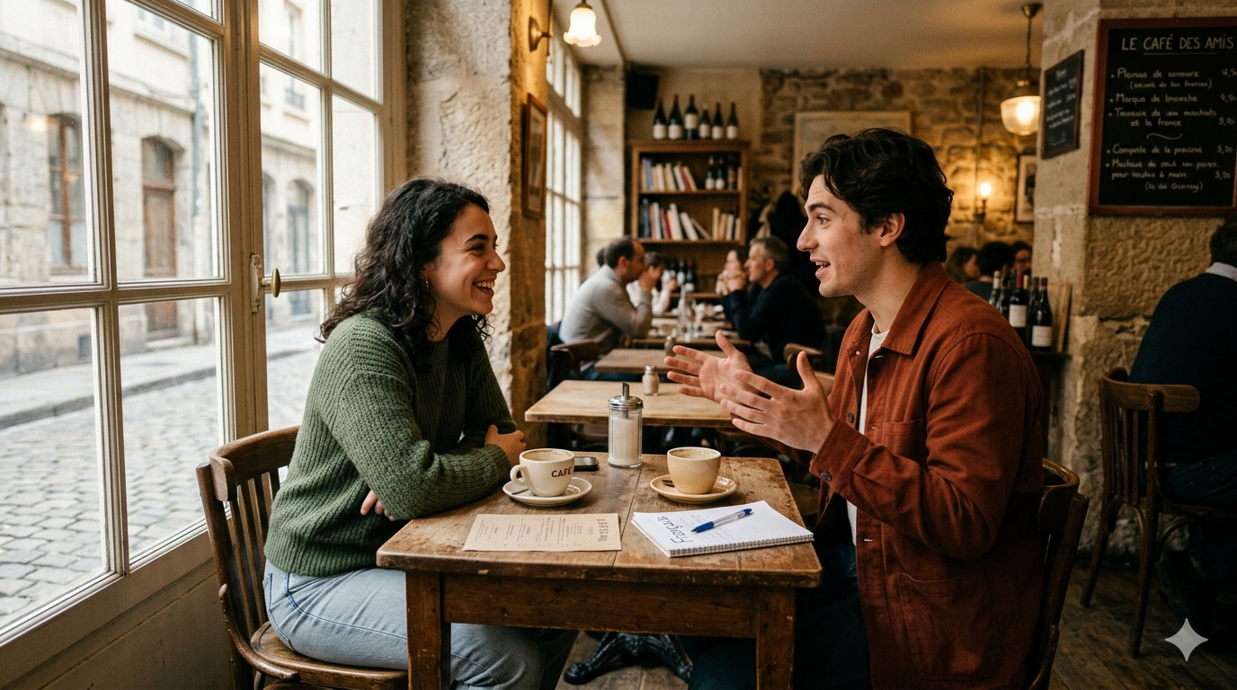 A1 Lesson 1 Speaking — people practising English conversation in a café