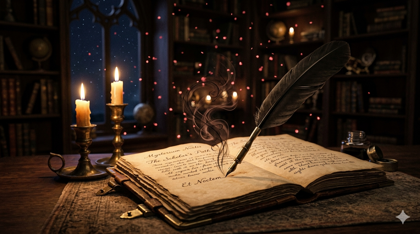 A1 Lesson 1 Writing — a quill pen over a glowing notebook on a dark atmospheric background