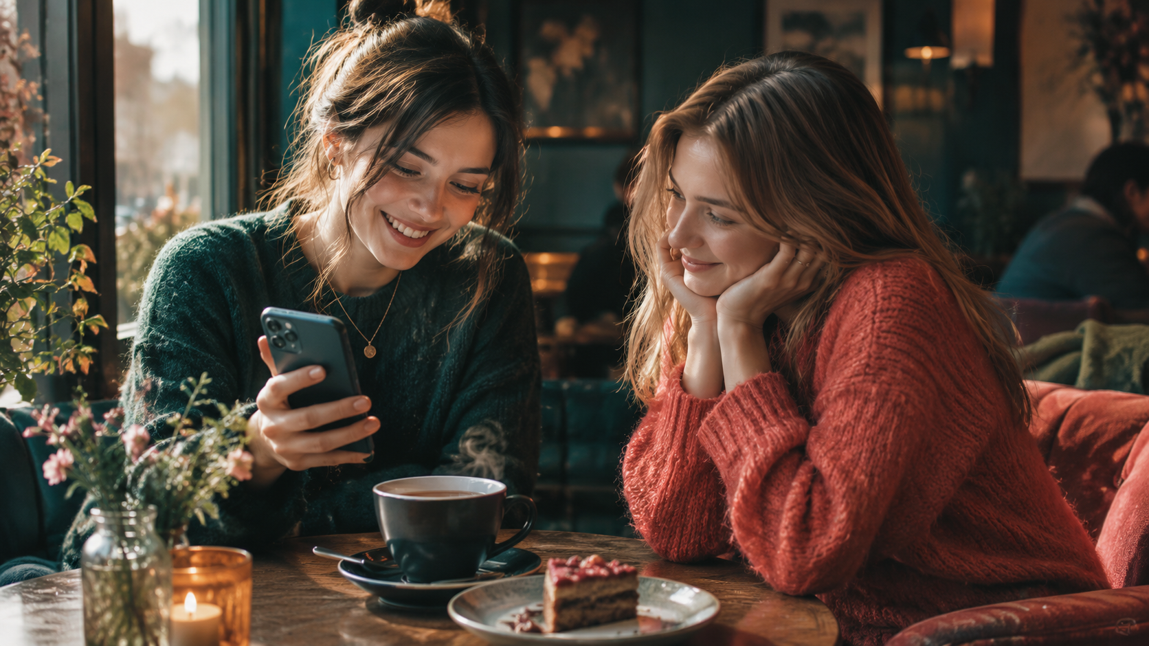 A1 Lesson 1 How is it? listening — two friends reacting to news over coffee, one smiling with good news, one comforting with bad news