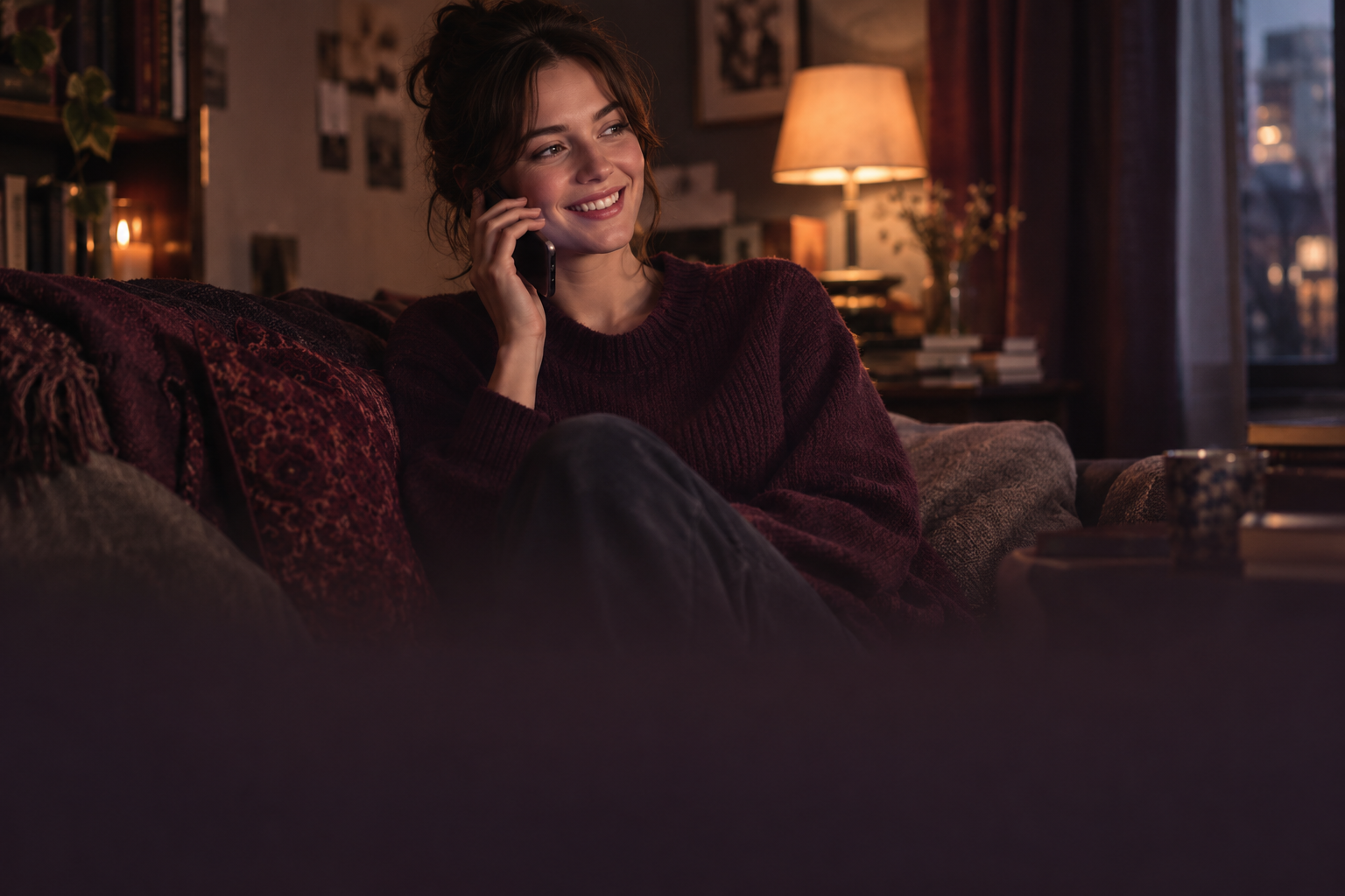 A1 Lesson 1 How is it? reading — a young woman on the phone in the evening, smiling as she hears good news