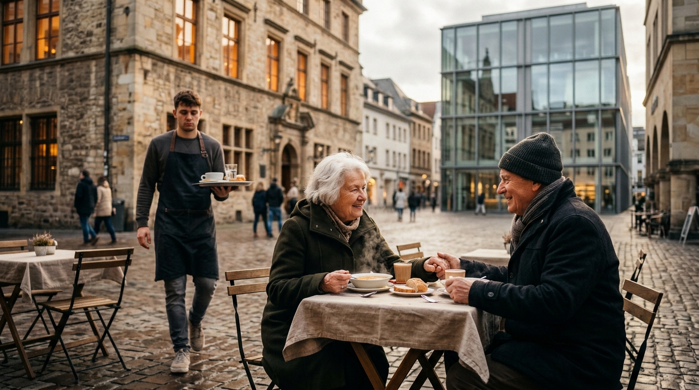 A1 Lesson 1 speaking — an elderly couple at an outdoor café table with a steaming bowl of soup, a tired young waiter nearby, an old stone building beside a modern glass building on a cold afternoon