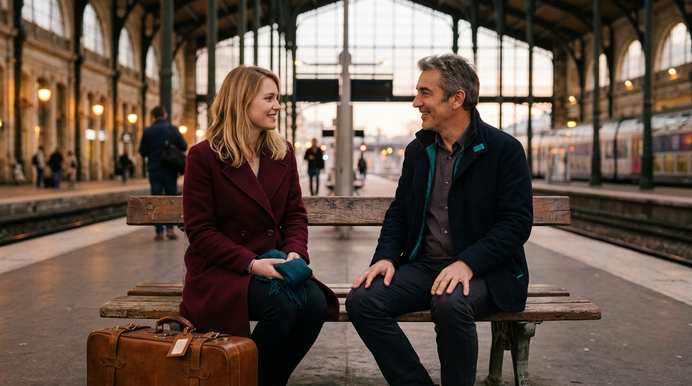 A2 Lesson 1 Where are you from grammar — a young woman with a suitcase and a friendly man sit side by side on a bench on a Paris station platform, chatting in warm evening light