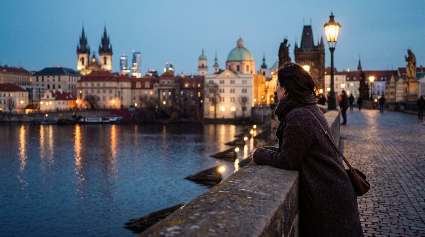 A2 Lesson 2 A nice place to live grammar — a young woman leaning on the stone railing of an old bridge at dusk, looking across a calm river at a lamp-lit old town with a few modern glass buildings in the distance