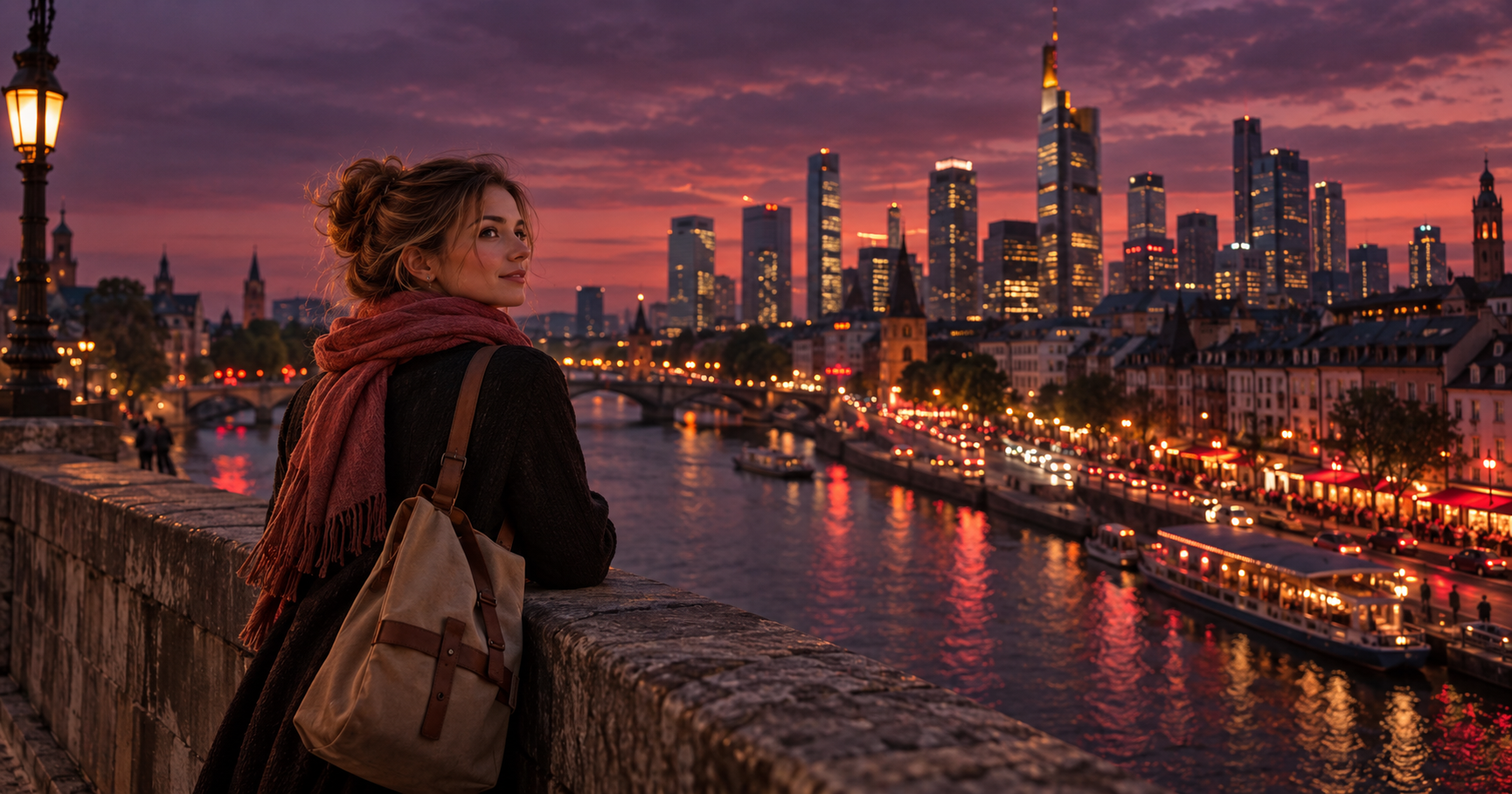 A young woman with a small travel bag stands on an old stone bridge over a river at dusk, looking back at a city of modern glass buildings and busy streets, warm lights reflecting in the dark water