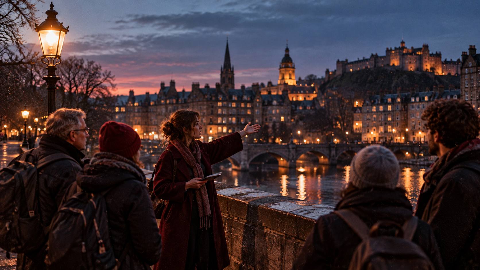 A2 Chapter 1 Lesson 3 What do you do? grammar — a tour guide talks to a small group of tourists on an old stone bridge over a river at dusk, street lamps coming on