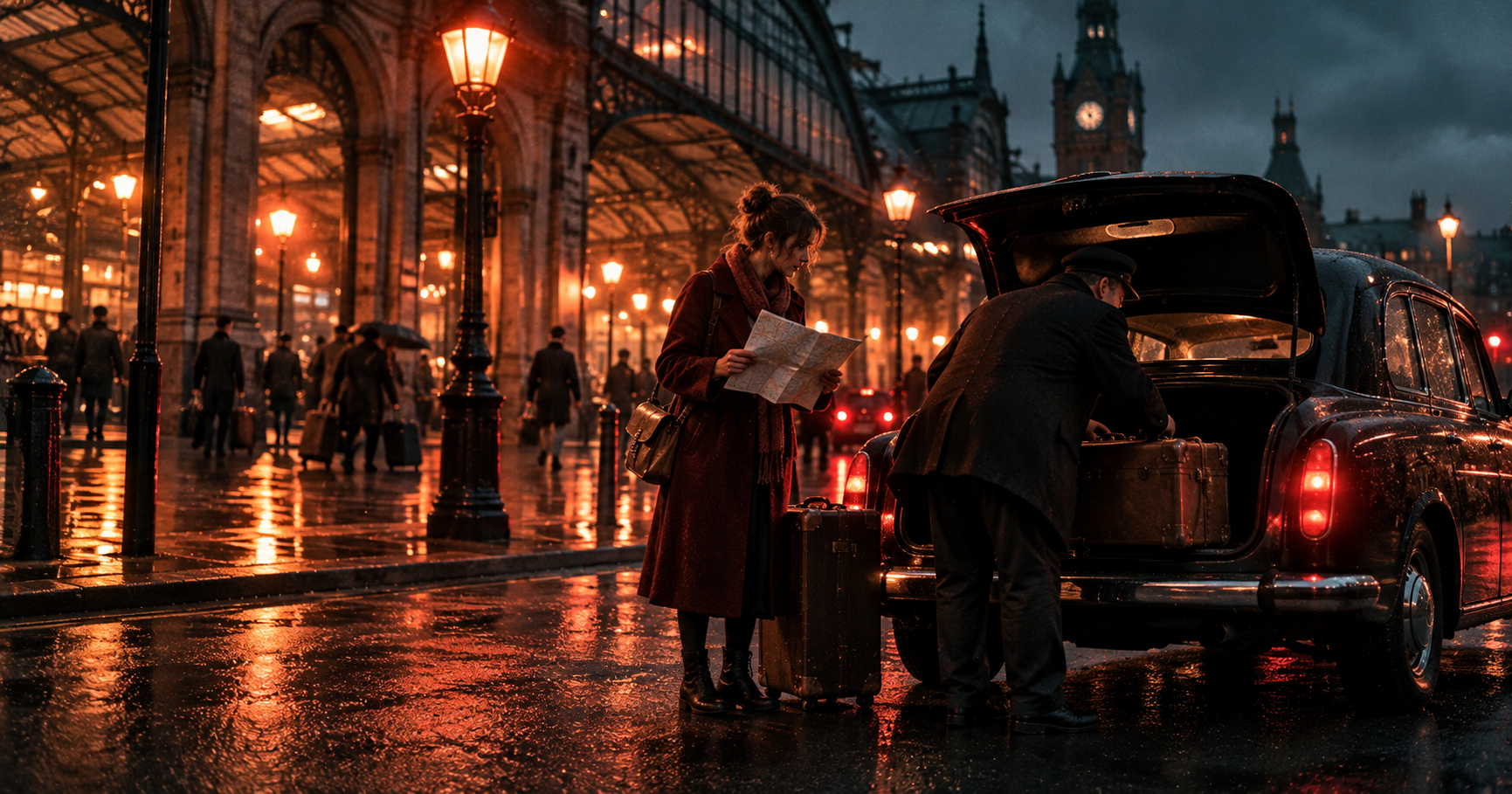 A taxi driver lifts a suitcase into the boot of an old black cab while a young woman with a map waits on a rainy evening street by a station, warm street lamps reflected on the wet road