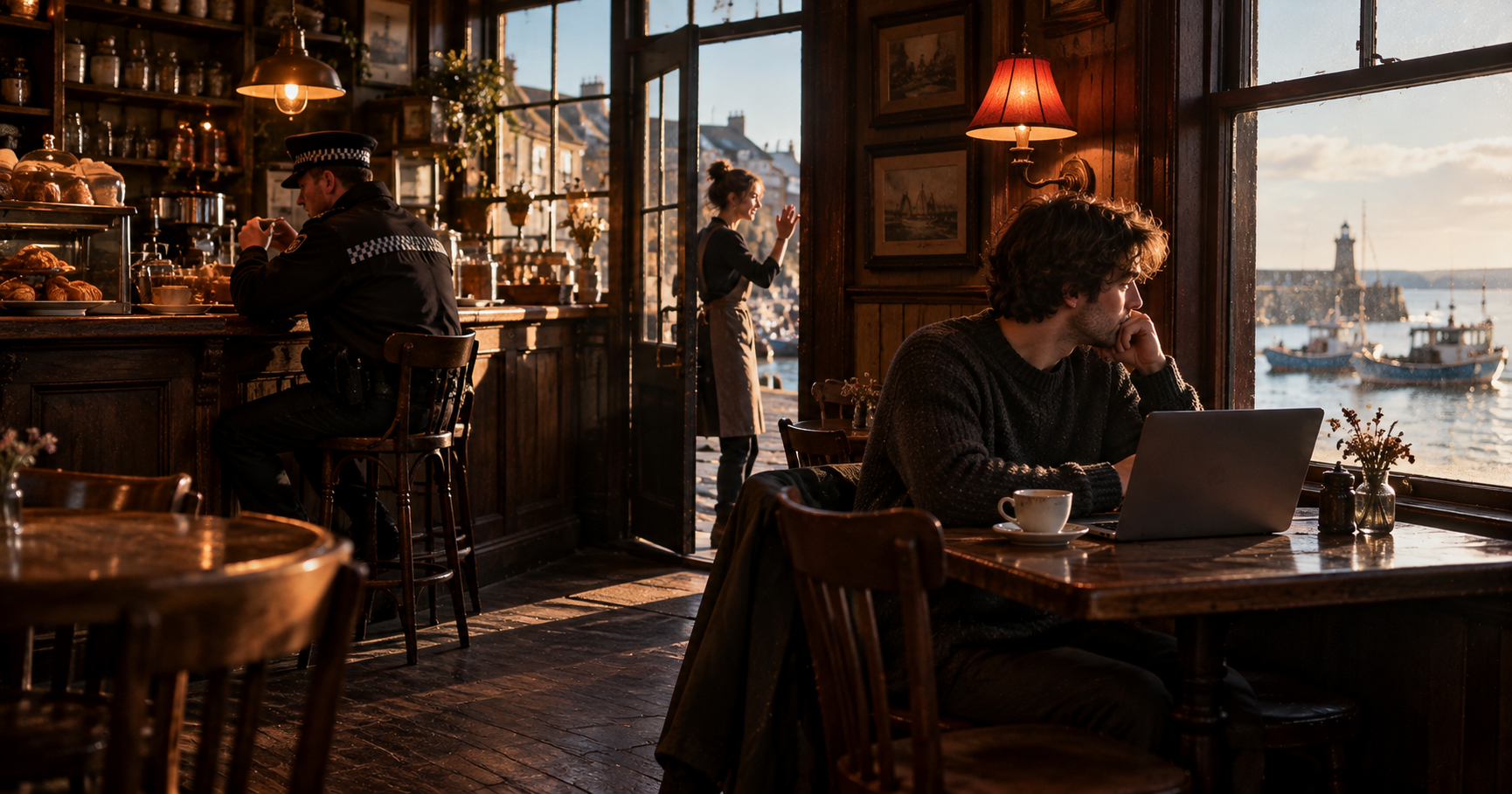 A young man sits at a corner table of a small seaside café in the morning, a cup of coffee and a laptop in front of him, while a police officer has breakfast at the counter and a shop assistant waves from the door
