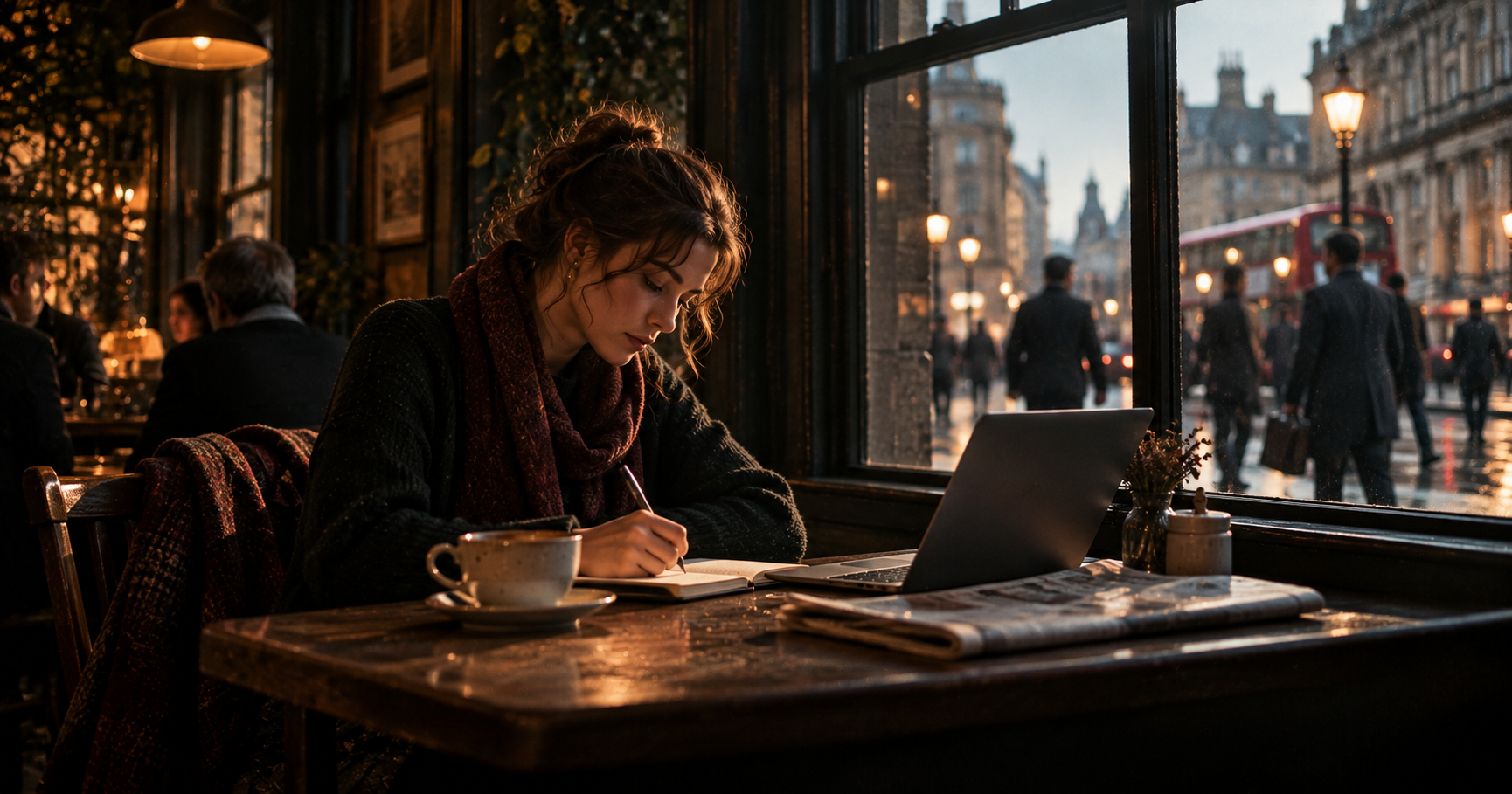 A young woman writes a list in a notebook at a small wooden table by a café window in the morning, a cup of coffee, a laptop and a newspaper beside her, people going to work in the street outside