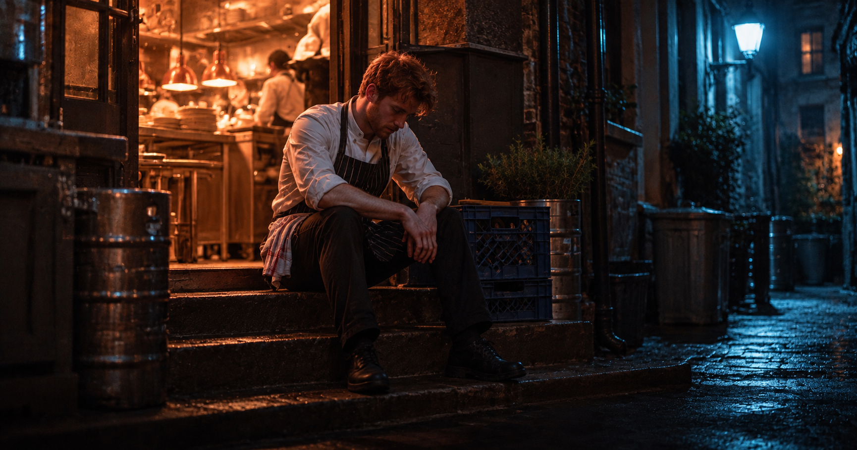 A2 Chapter 1 Lesson 4 Do you enjoy it? grammar — a tired young waiter sits alone on the back steps of a busy restaurant late at night, the warm kitchen light glowing through the open door behind him