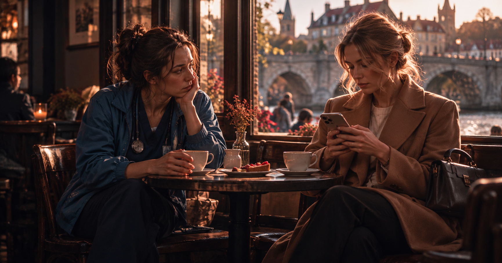 Two women talk at a small table in a café near an old stone bridge on a Saturday afternoon: a tired nurse in a simple blue jacket holds a cup of coffee, and her old school friend in an elegant coat looks down at her expensive phone