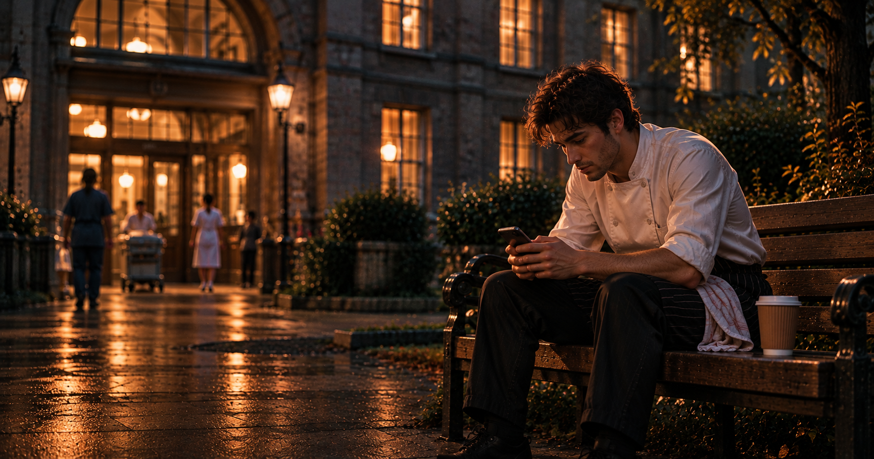 A young man in a hospital cook's white jacket writes an email on his phone on a bench outside an old hospital in the evening, a paper cup of tea beside him, warm windows glowing behind him