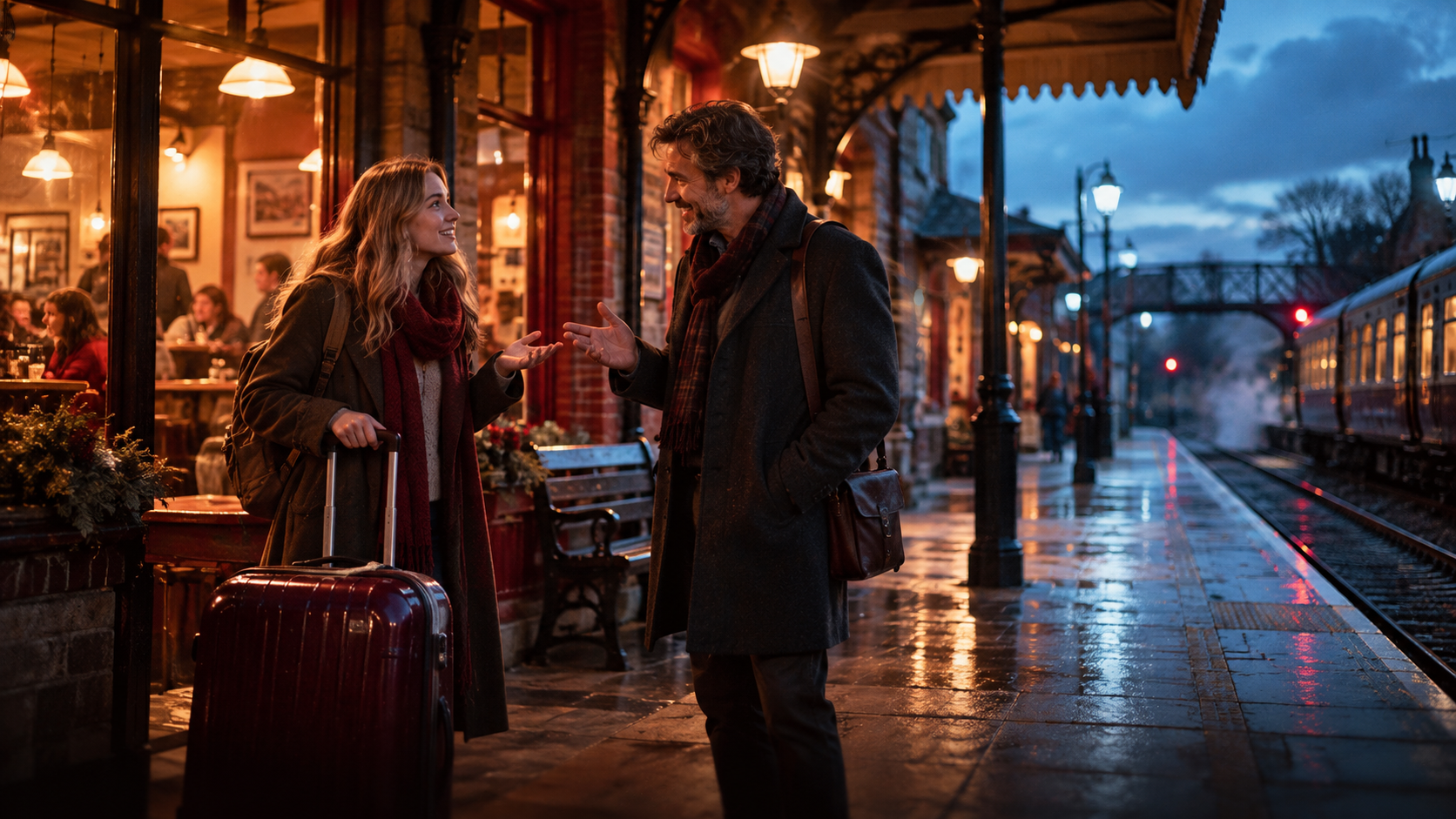 A2 Chapter 1 Lesson 5 Getting to know people grammar — at a small railway station in the evening, a young woman with a big suitcase talks to a smiling older man who has come to meet her, the warm light of the station café behind them