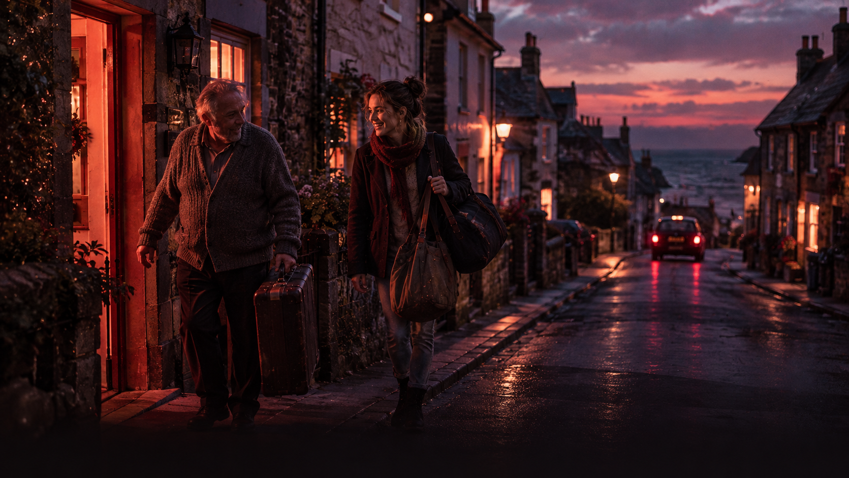 An old man in a grey cardigan carries a big suitcase to the door of a small house by the sea in the evening, and a young woman with two more bags walks next to him and laughs, a taxi drives away down the quiet street