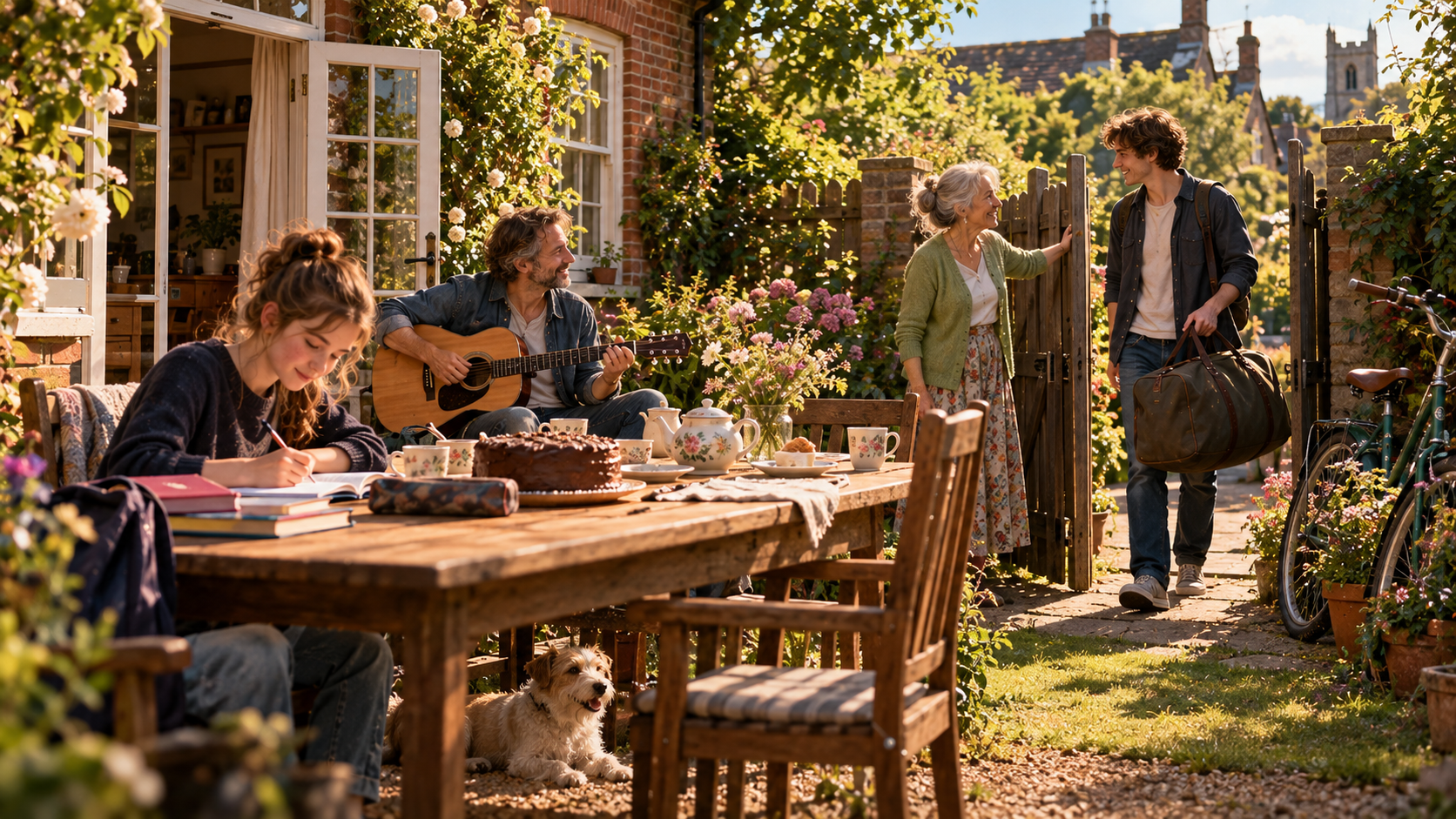 A2 Chapter 1 Lesson 5 speaking — the back garden of a small brick house on a warm summer afternoon: a grey-haired woman in a pistachio-green cardigan welcomes a young man with a big bag at the open garden gate, a teenage girl with a school bag does her homework at a long wooden table with a big chocolate cake, a teapot and cups, a man plays the guitar at the table, a small dog sits under the table, a bicycle leans on the fence, warm golden light