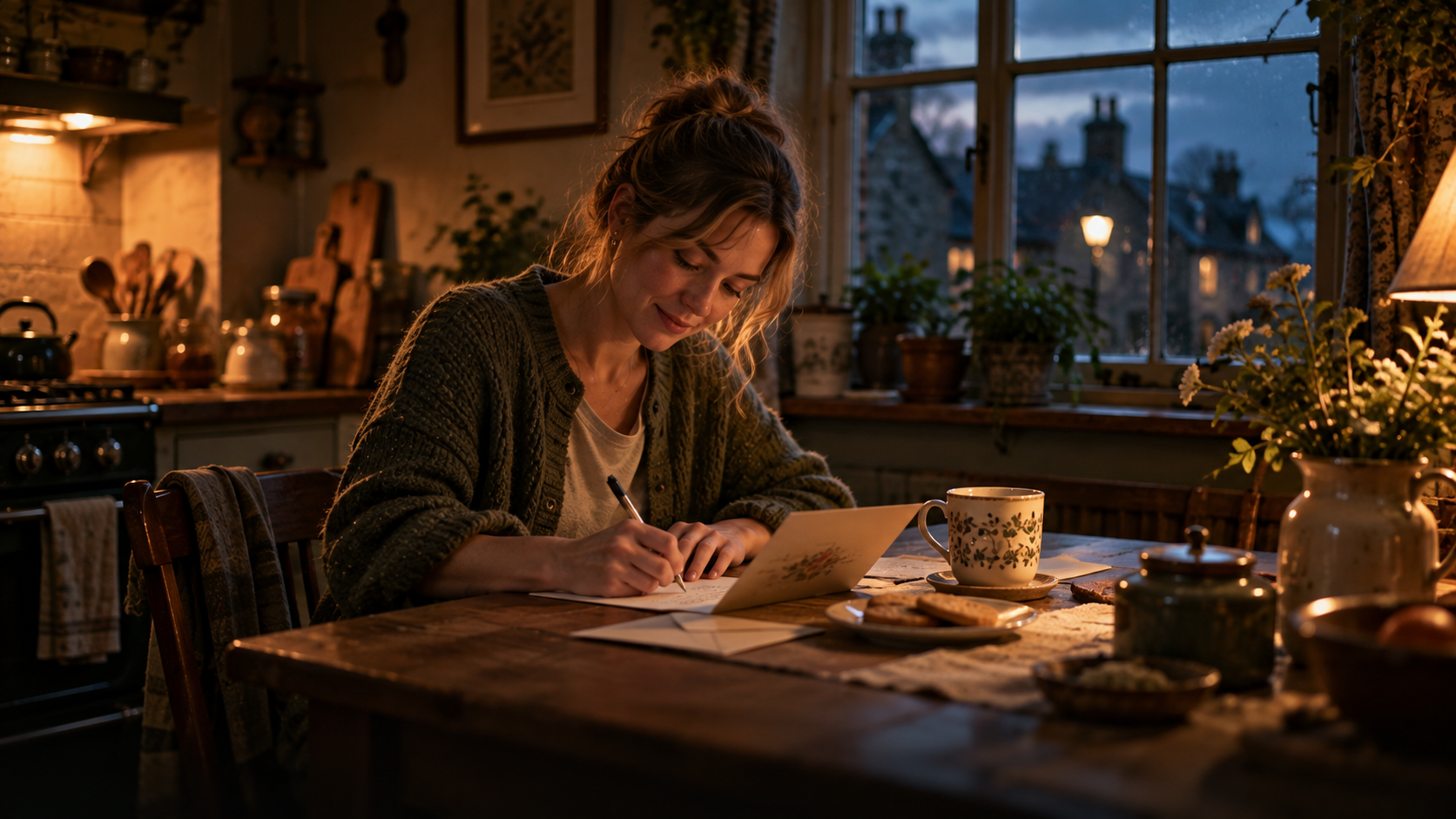 A young woman writes a welcome card for a new neighbour at a small kitchen table early in the morning, a cup of tea and a plate of biscuits next to the card, soft lamp light and a dark window behind her
