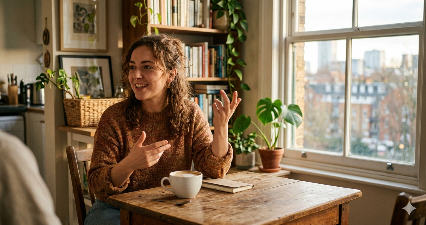 Daily Routines — A2 Lesson 2 Speaking: a person talking about their day in a cosy city flat, morning light, editorial cinematic style