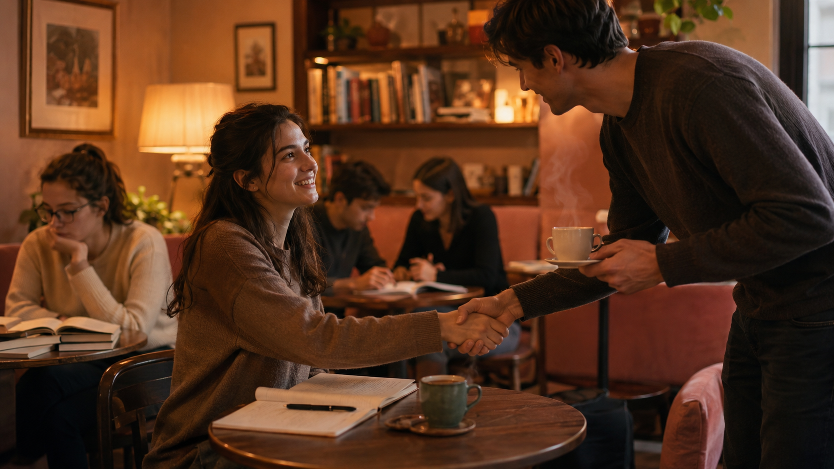Two students meeting for the first time at a language café — B2 Lesson 1 Reading