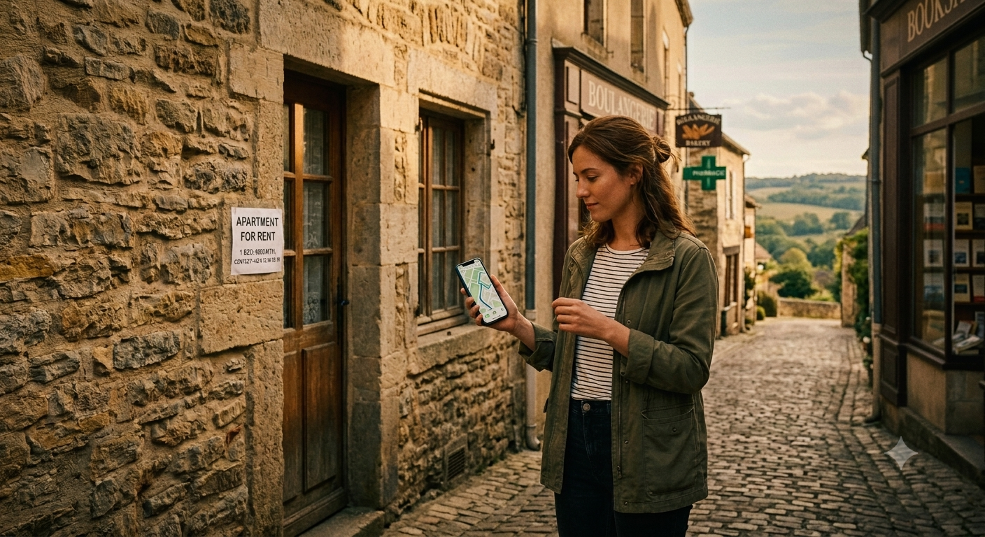 A2 Lesson 1 Home speaking — a woman with a phone map outside a village house with shops down the street