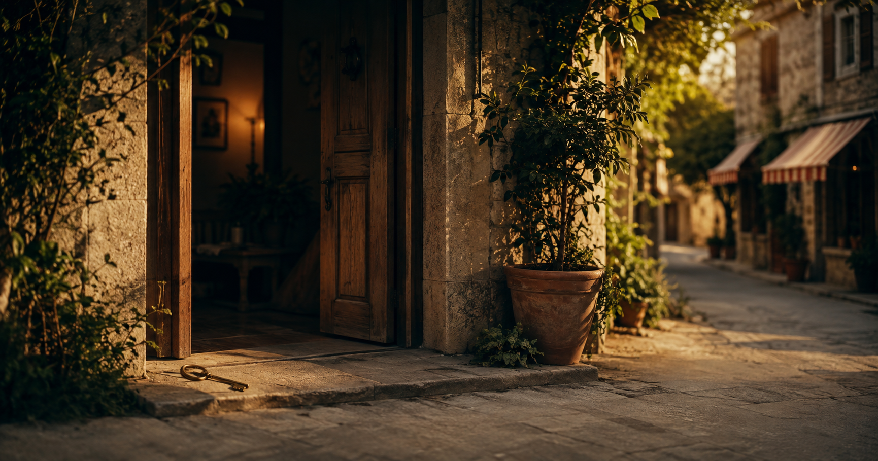 A2 Lesson 1 Writing — a small sunlit house with an open front door, a key, and a moving box outside, symbolising finding a place to live and a shared home