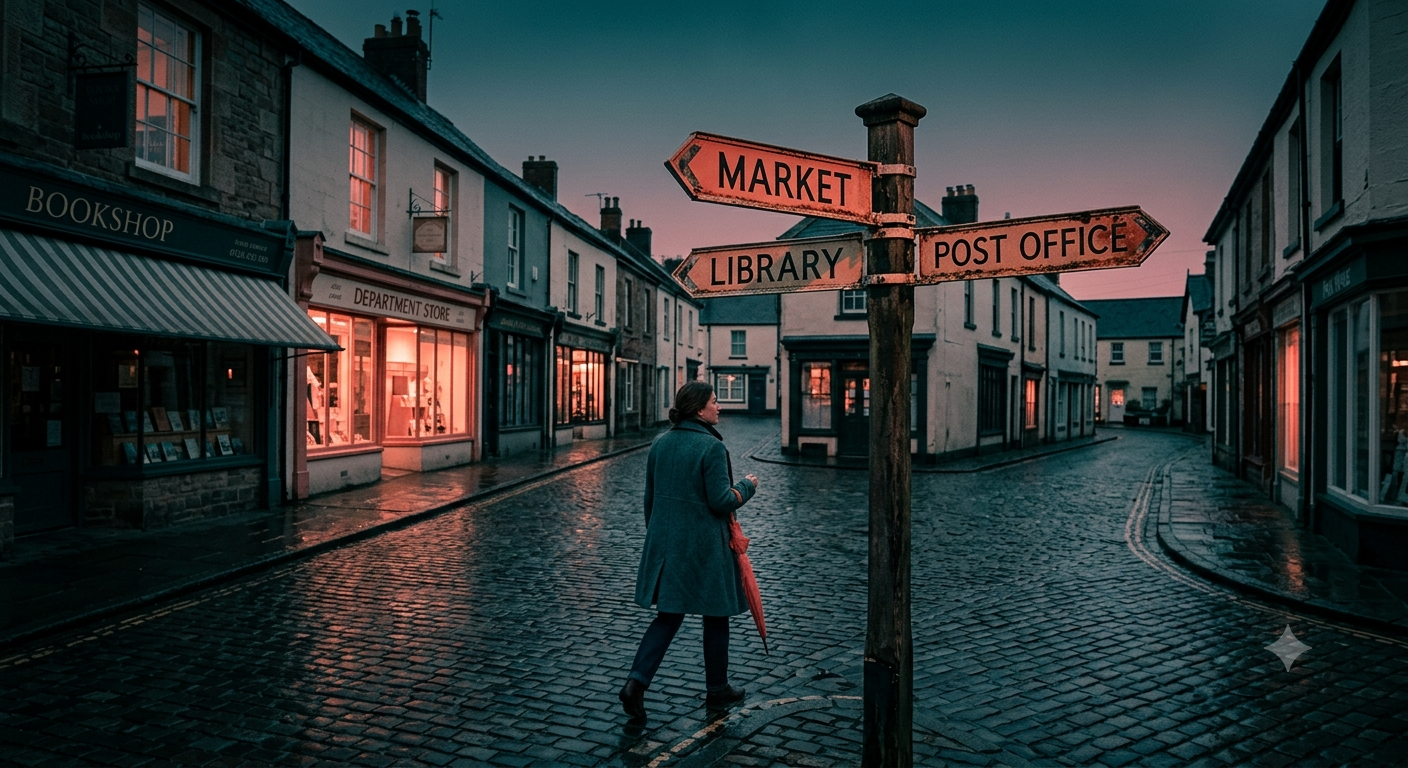 A2 Lesson 2 Home listening — a town crossroads with signs to the market, library and post office