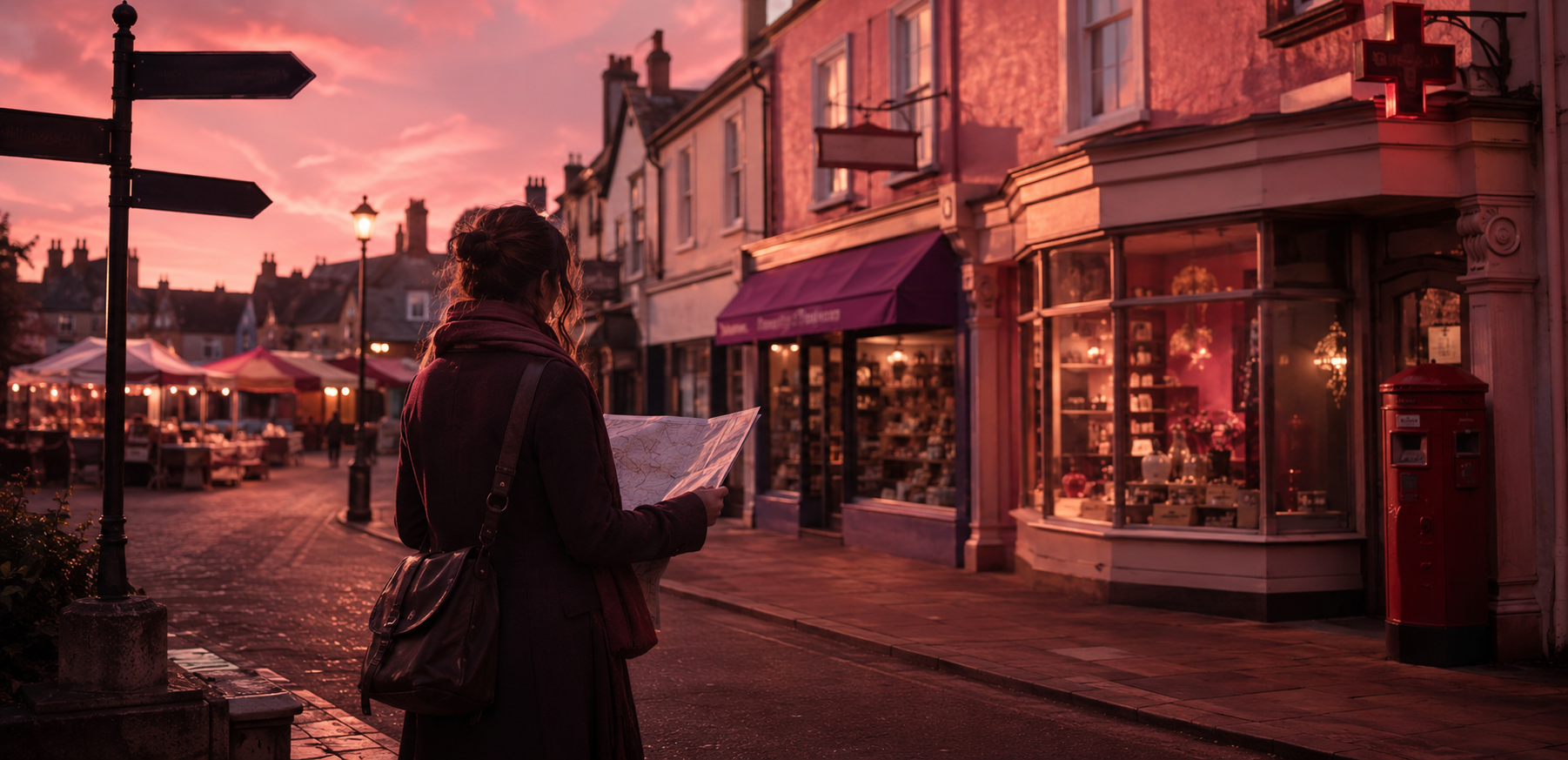A2 Lesson 2 Home speaking — a person checking a paper map on a small-town street lined with a chemist, a post office and a department store