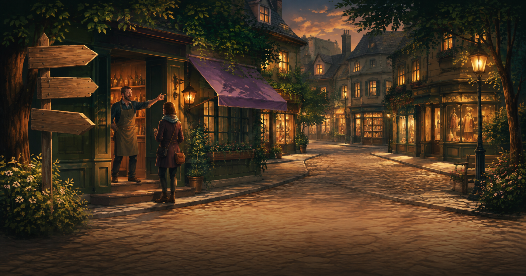 A2 Lesson 2 Writing — a cosy town street at dusk with a signpost pointing to a market, a chemist and a post office, and a person asking a shopkeeper for directions near a purple shop awning
