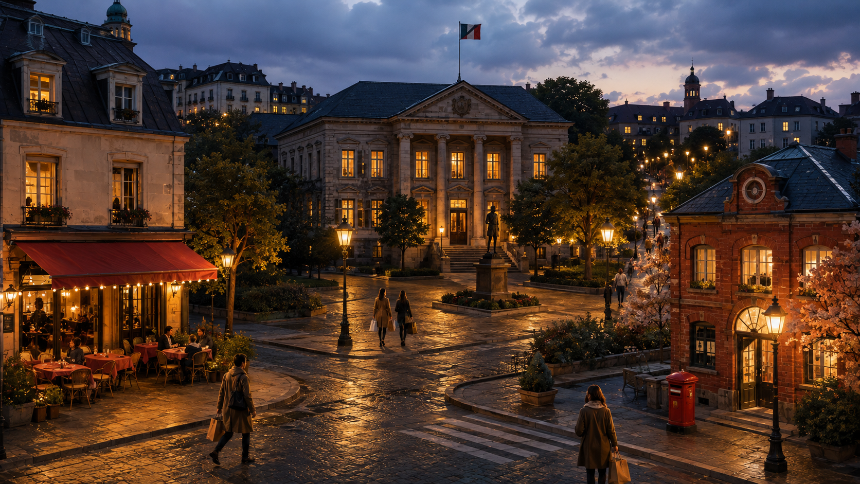 A2 Lesson 3 Home listening — quiet town square with a government building, post office and market at dusk