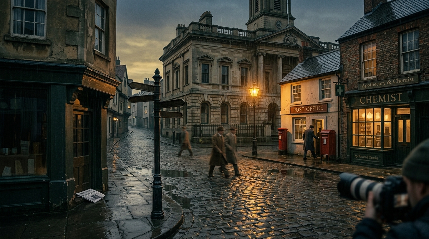A2 Lesson 3 Writing — a warm evening street map of a small town centre with a main square, a government building, a post office and a chemist, a signpost pointing behind a corner