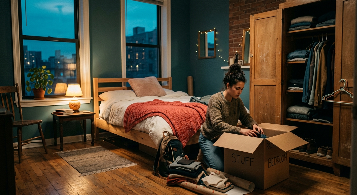 A2 Lesson 4 Home listening — cosy rented flat interior with simple furniture in warm evening light