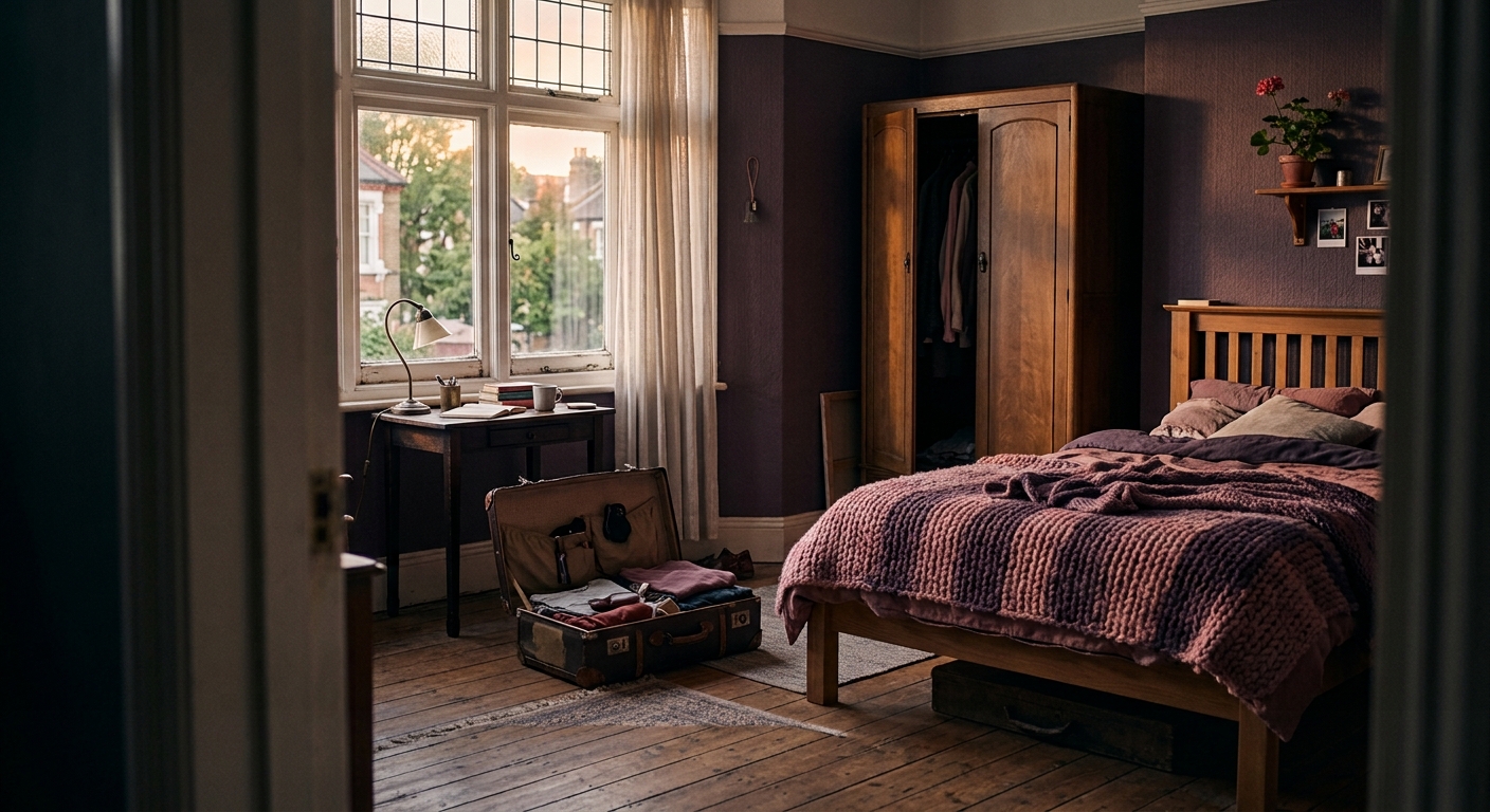 A2 Lesson 4 Home reading — a small room in a shared house with a bed, a cupboard and a half-packed suitcase