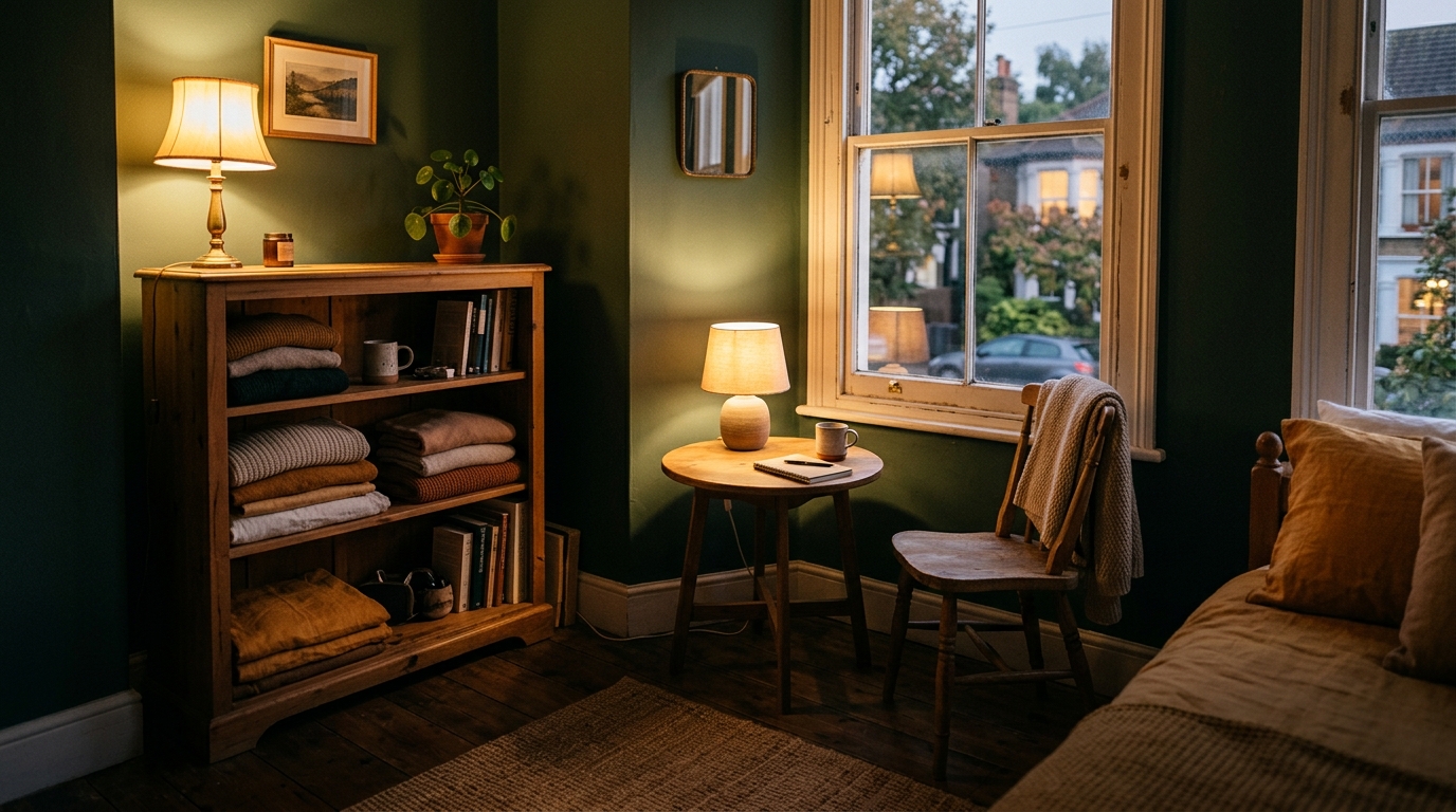A2 Lesson 4 Writing — a warm, softly lit small rented flat in the evening, a cupboard with neatly kept things, a single chair and a lamp, showing a cosy home with just enough space