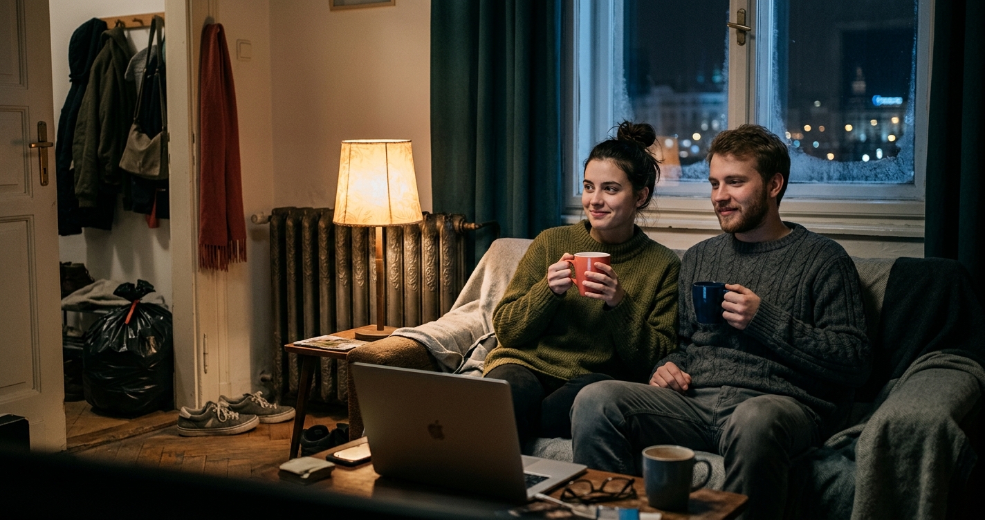 Two flatmates in coats sit close together in a cold shared flat at night, with a radiator behind them, glasses and a laptop on the table and a rubbish bag by the door