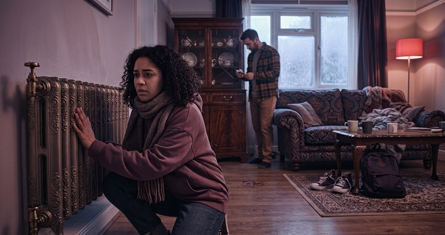 A cold morning in a shared house: a young woman in a coat touches a cold radiator while a messy living room and a man looking for his glasses are behind her
