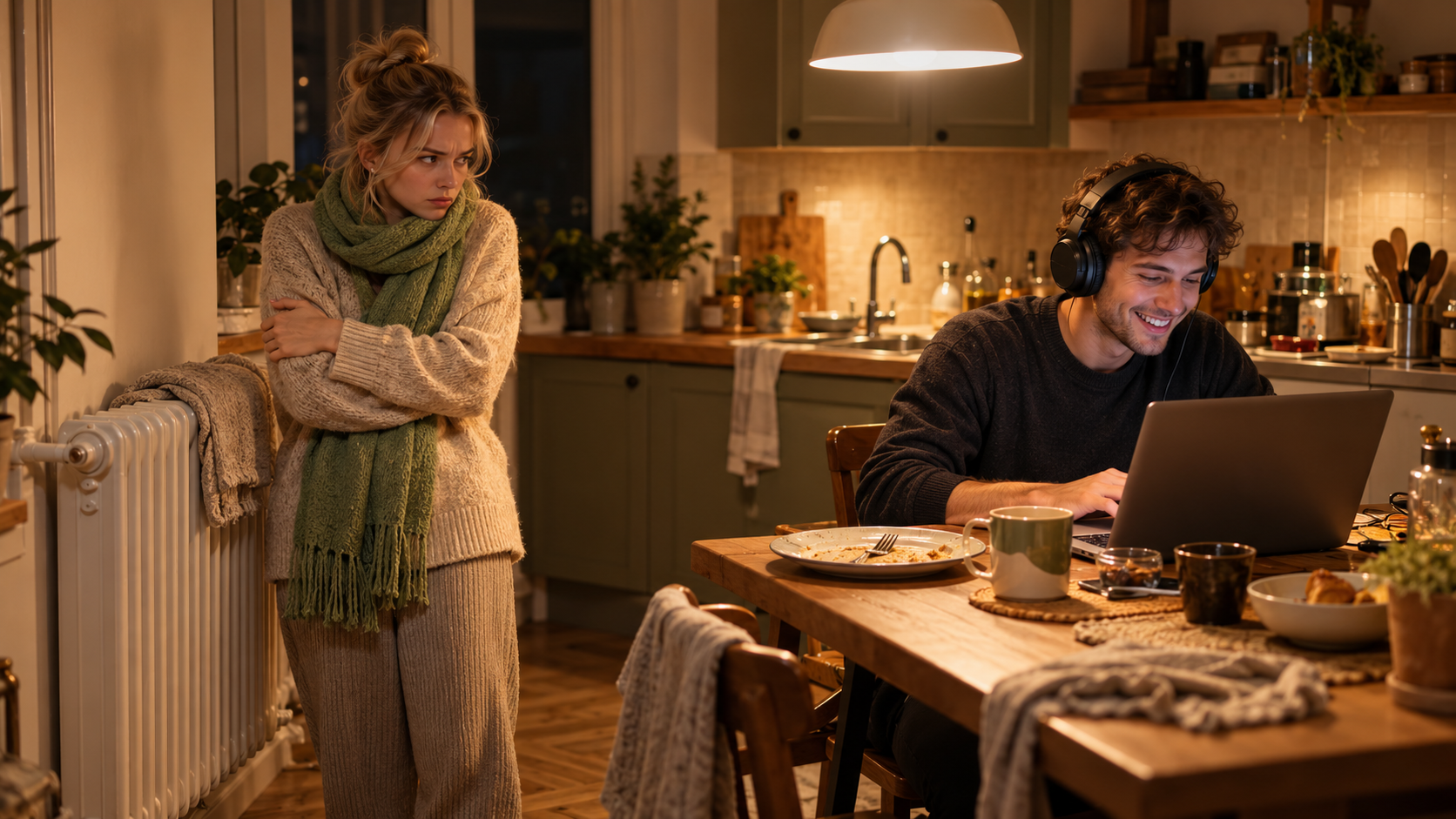 A2 Chapter 3 Lesson 5 speaking — a messy shared-flat kitchen in the late evening, warm lamp light: a young woman in a pistachio-green scarf stands next to a cold white radiator and looks at her flatmate; a young man sits at the kitchen table in big headphones with a laptop and doesn't hear her; dirty plates and cups on the table, dirty dishes in the sink, a full black rubbish bag by the door, an open empty cupboard, clothes and a bag on the floor, a pair of glasses on the floor under a chair