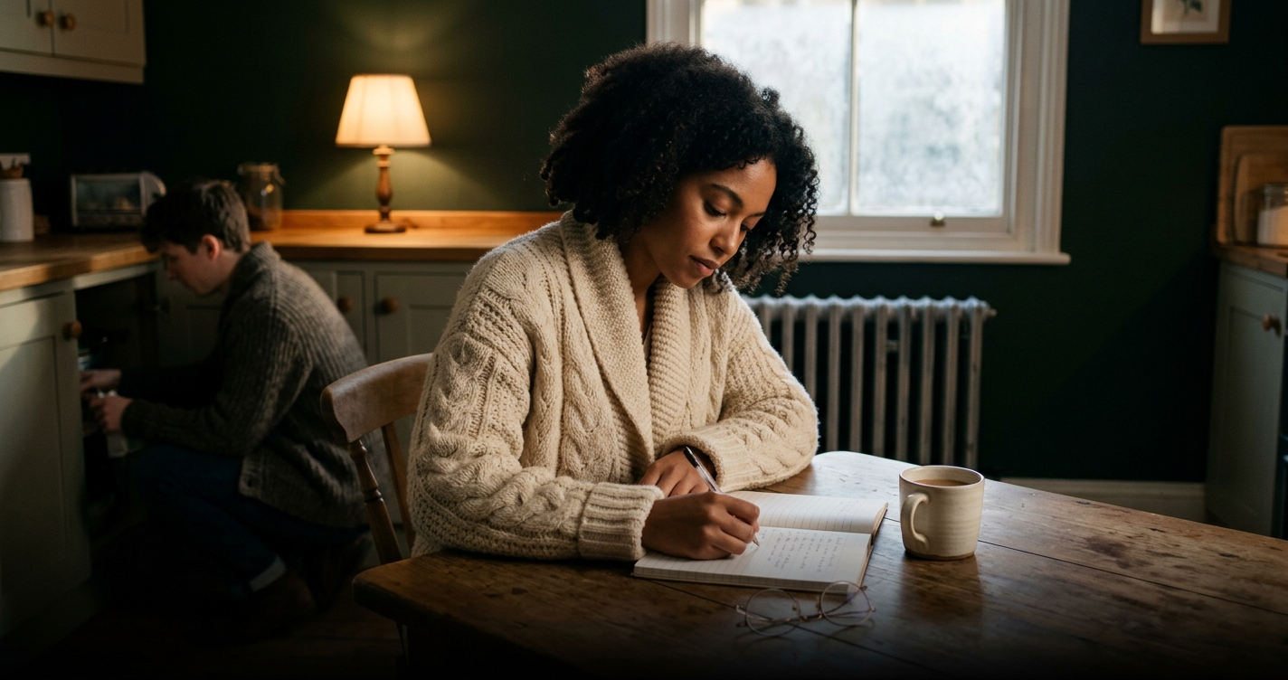 A young woman in a coat sits at a kitchen table in a cold shared house and writes a list of house rules in a notebook; a pair of glasses, a cream ceramic mug and a cold radiator are next to her