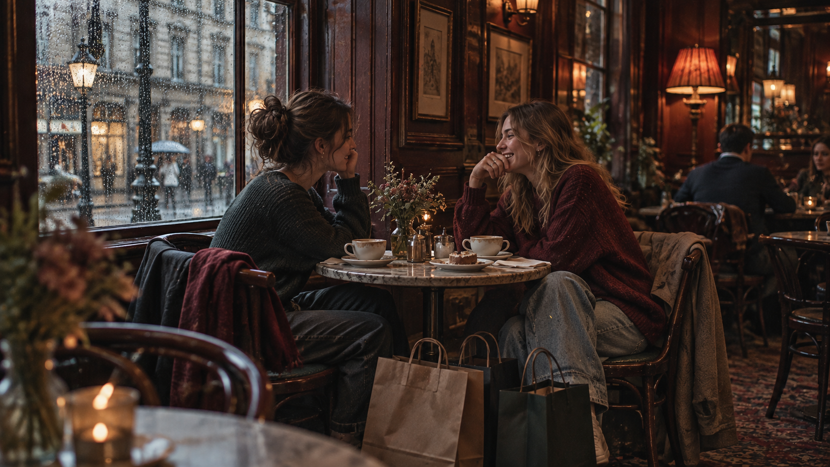A2 Chapter 4 Lesson 1 My weekend grammar — two friends chatting over lunch at a small café table on a Saturday afternoon, shopping bags at their feet, soft light through a rain-streaked window