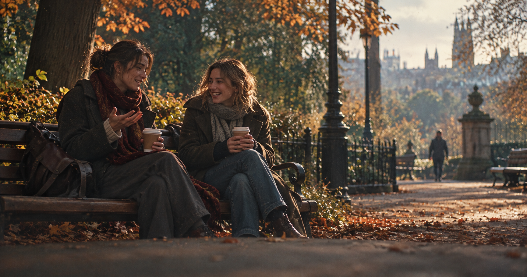 Two friends talking and laughing on a park bench on a Monday morning, coffee cups in their hands, autumn leaves on the path and soft light through the trees
