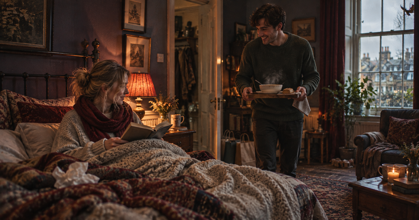 A young woman with a cold sits in bed under a blanket with a book while her cousin brings her a bowl of soup, shopping bags by the door of a small city flat on a quiet Sunday afternoon