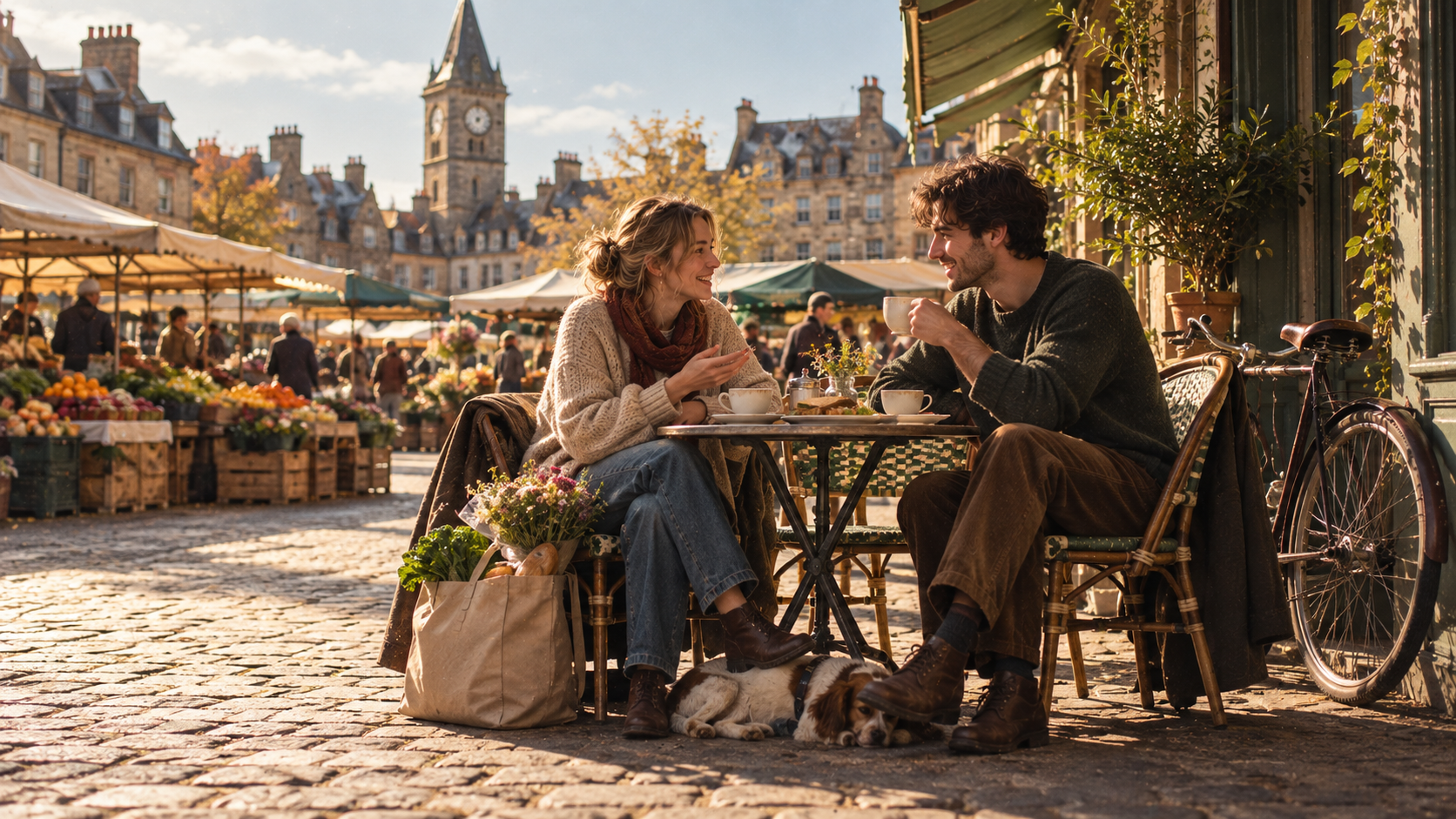 A2 Chapter 4 Lesson 1 speaking — two friends having lunch at a small outdoor café table on a market square on a sunny Saturday: on the table two cups of coffee and a plate of sandwiches; the young woman has a shopping bag full of vegetables and flowers next to her chair and is smiling and talking; the young man has a bicycle leaning against the café wall behind him; a small dog sleeps under the table; colourful market stalls with fruit and vegetables and an old clock tower in the background