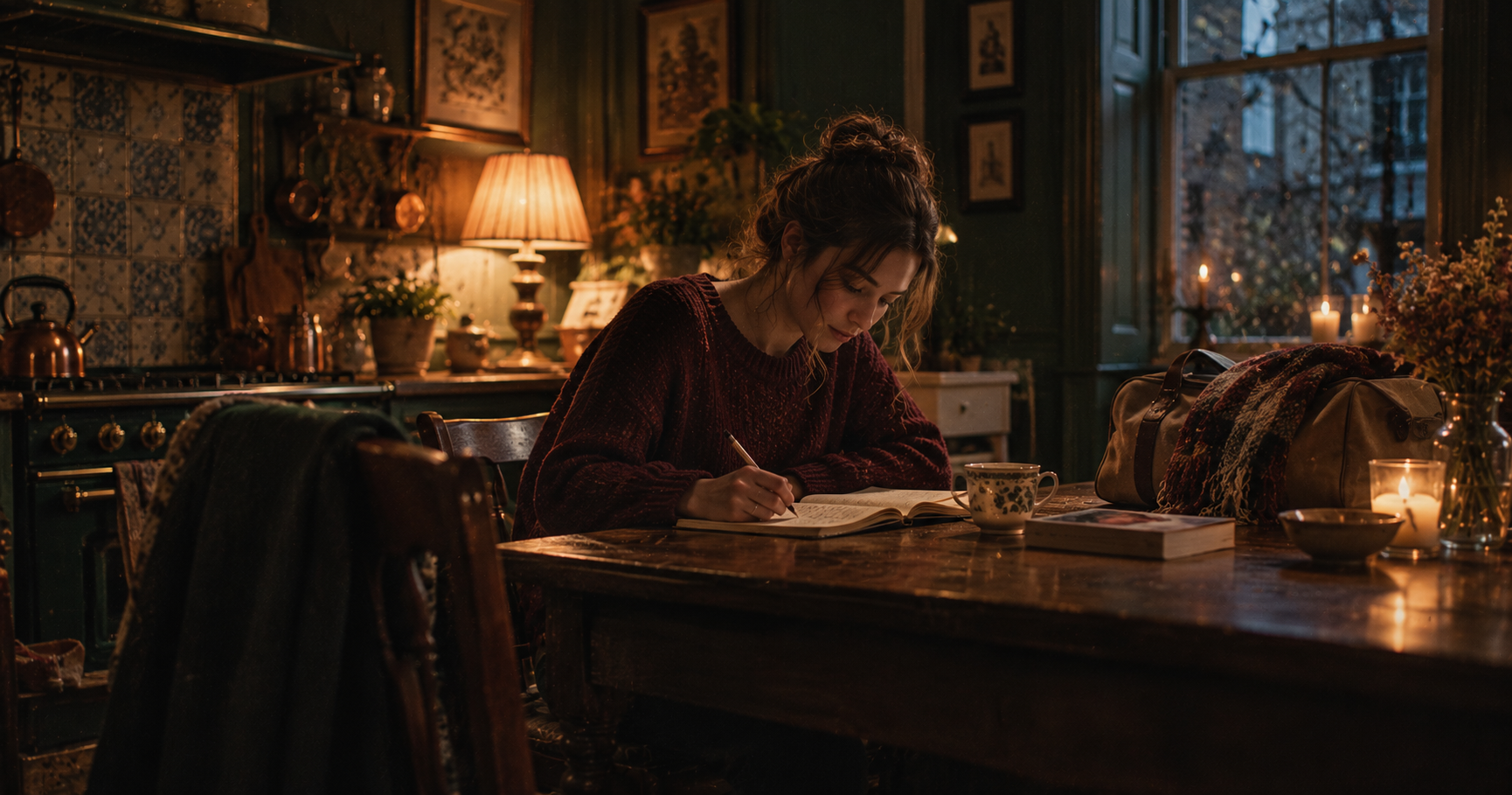 A young woman writing in a notebook at a small kitchen table on a Sunday evening, a cup of tea and a weekend bag beside her, warm lamp light, the bottom of the frame left dark and empty