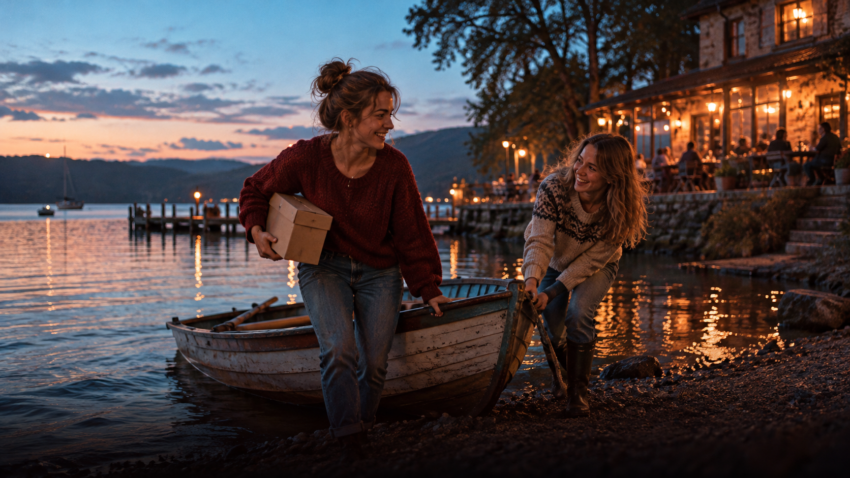 A2 Chapter 4 Lesson 2 That sounds great! grammar — on a Sunday evening by a quiet lake, two friends pull a small wooden boat onto the shore and laugh, one of them holds a new shoe box, warm light from a lakeside café behind them