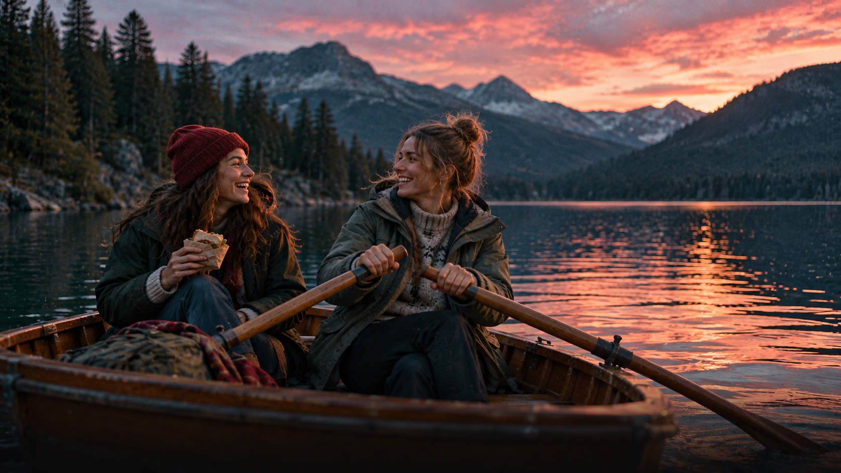 Two young women in warm jackets sit in a small wooden rowing boat on a cold blue mountain lake, one of them laughs and holds a sandwich, pine trees and grey hills behind them, soft evening light