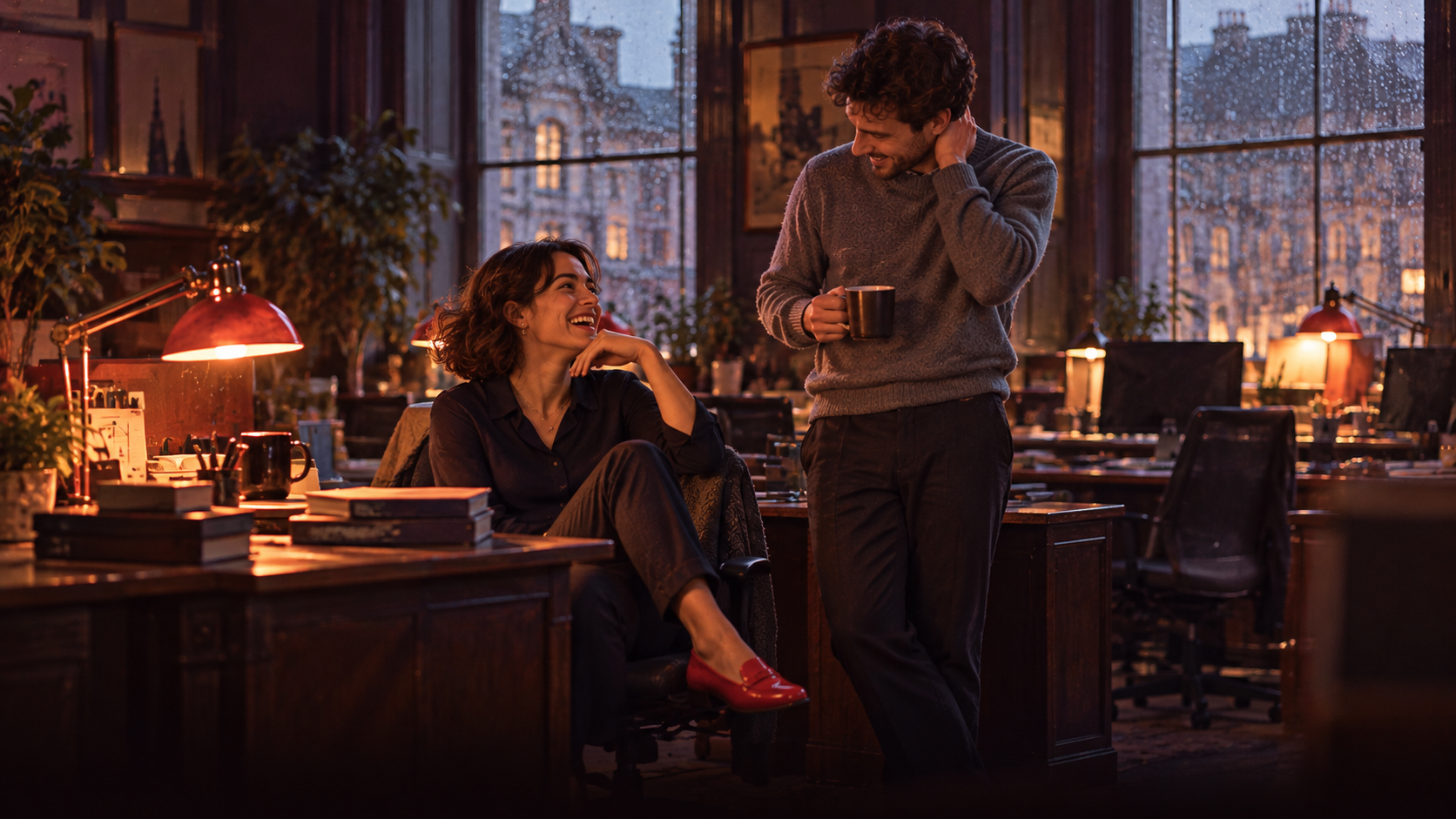 On a Monday morning in an old office with tall windows, a young woman with red shoes laughs at her desk while a man in a grey jumper holds a cup of coffee and looks a little embarrassed, warm lamp light and cool morning shadows
