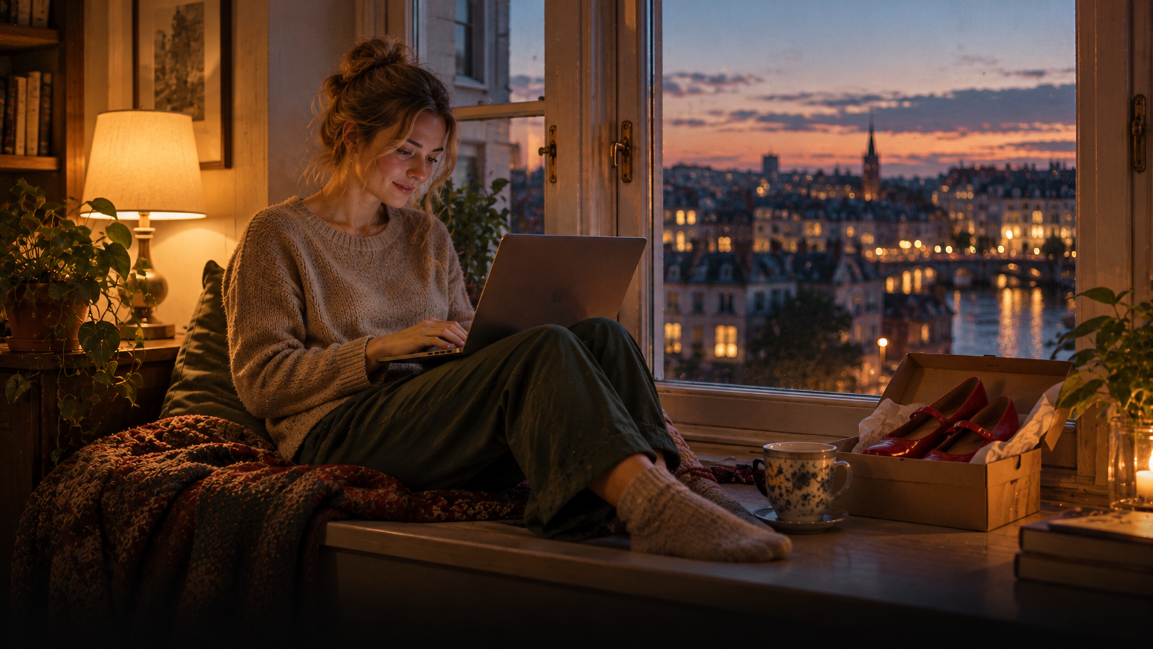 A young woman sits on a windowsill in a small flat on a Sunday evening and writes an email on her laptop about her weekend, a new pair of red shoes in a box next to her, a cup of tea, city lights outside