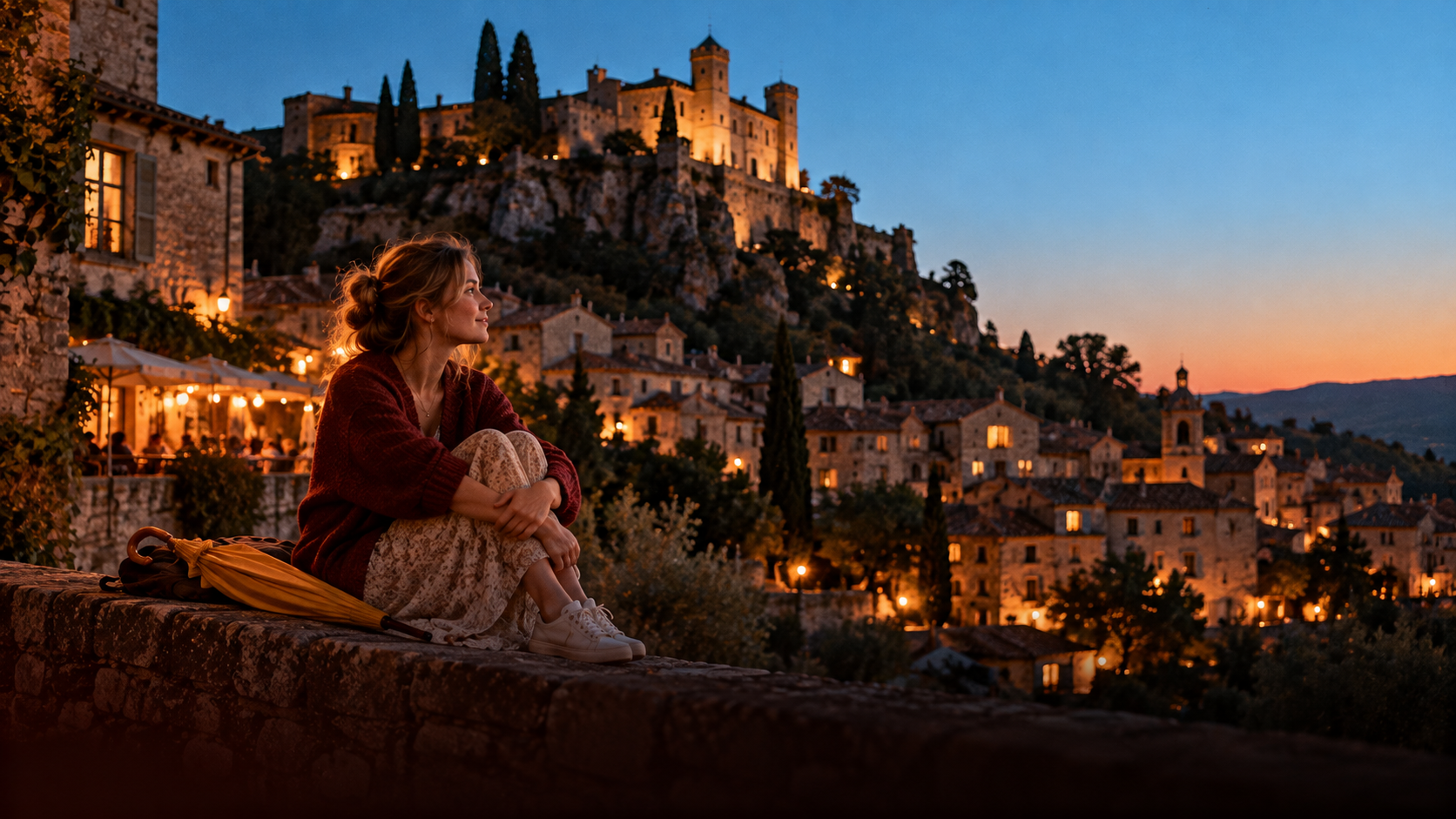 A2 Chapter 4 Lesson 3 It didn't rain once grammar — a young woman on her own sits on a low stone wall below an old castle on a summer evening, a closed yellow umbrella next to her, a clear sky over the old town, warm light in the windows of a small café