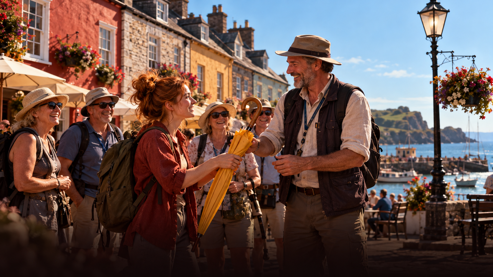 Late afternoon in the square of a small seaside town in the west of Ireland: a young woman with a backpack gives a big yellow umbrella to a tall smiling tour guide, a group of tired tourists in sun hats laughs behind them, old colourful houses, a clear sky, warm coral light and soft plum shadows