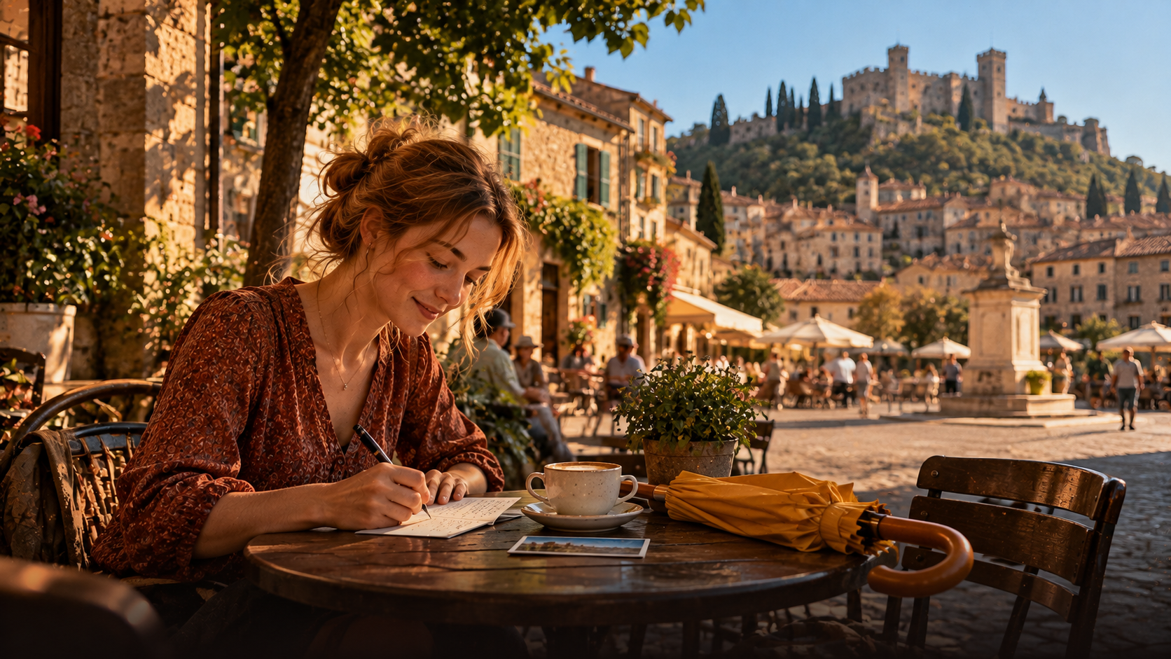 A young woman writes a postcard at a small table outside a café in a sunny old town square, a folded yellow umbrella and a cup of coffee next to her, an old castle on the hill in the distance, soft sand-gold light and deep green shadows