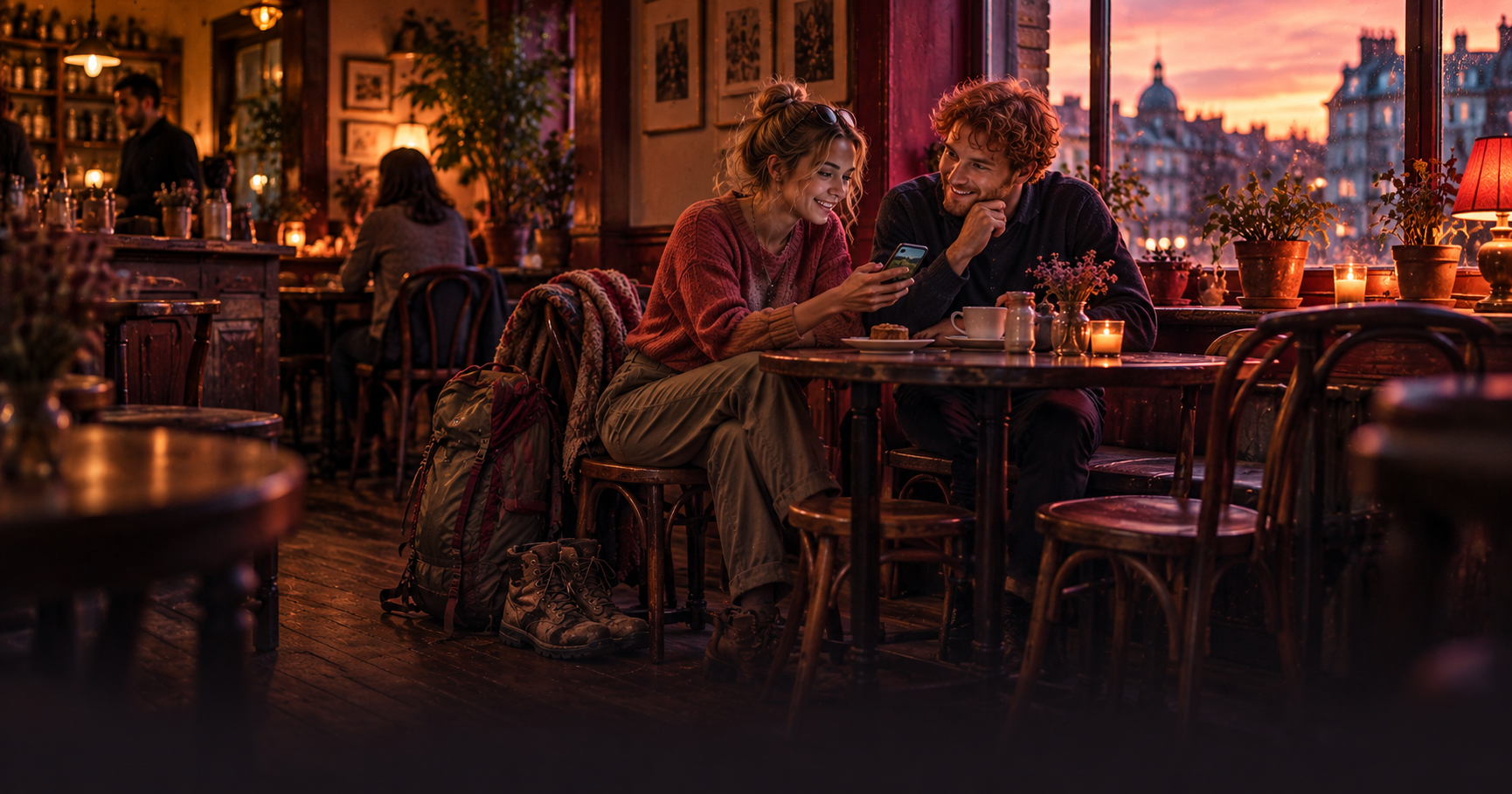 Early evening in a small café in a city: a young woman with a light suntan shows a photo of green mountains and sheep on her phone to her smiling friend, a young man with a cup of coffee; a muddy pair of walking boots stands next to her chair; warm coral light from the window and soft plum shadows